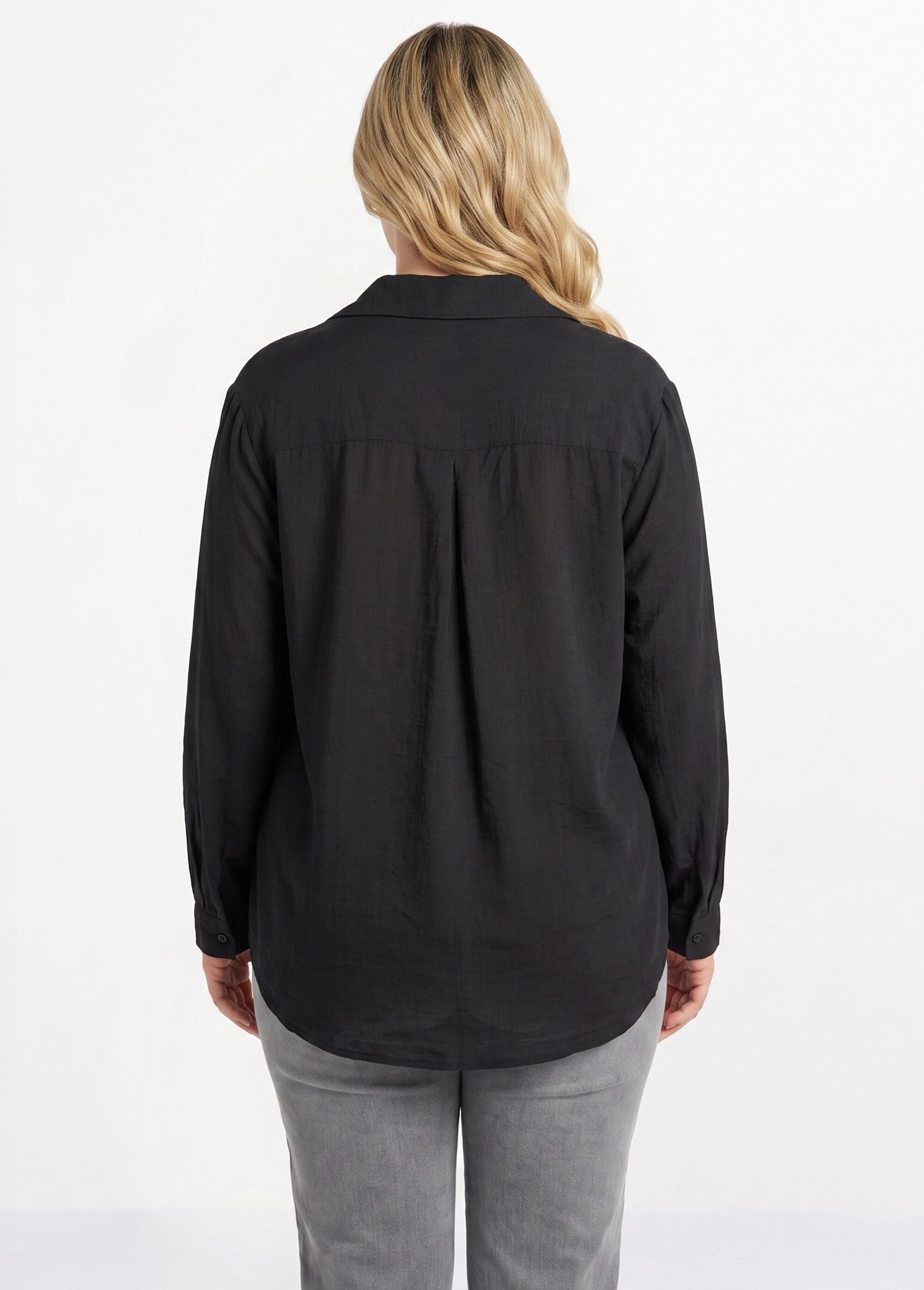 Blouse boutonnée unie col V Femme Grande Taille Noir CHY-F695-1 DO1