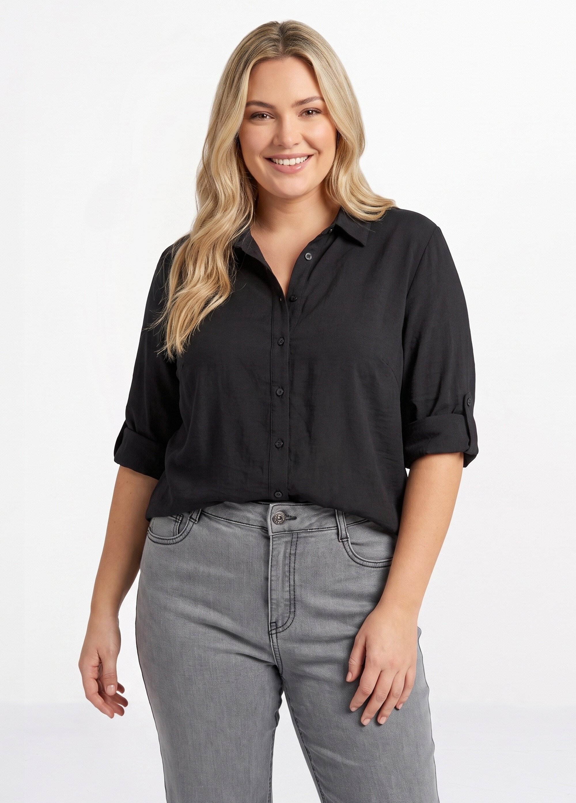 Blouse boutonnée unie col V Femme Grande Taille Noir CHY-F695-1 FA1