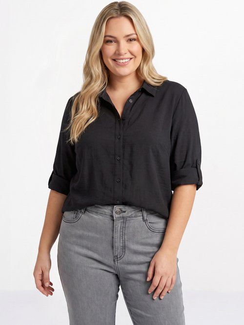 Blouse boutonnée unie col V Femme Grande Taille Noir CHY-F695-1 FA1