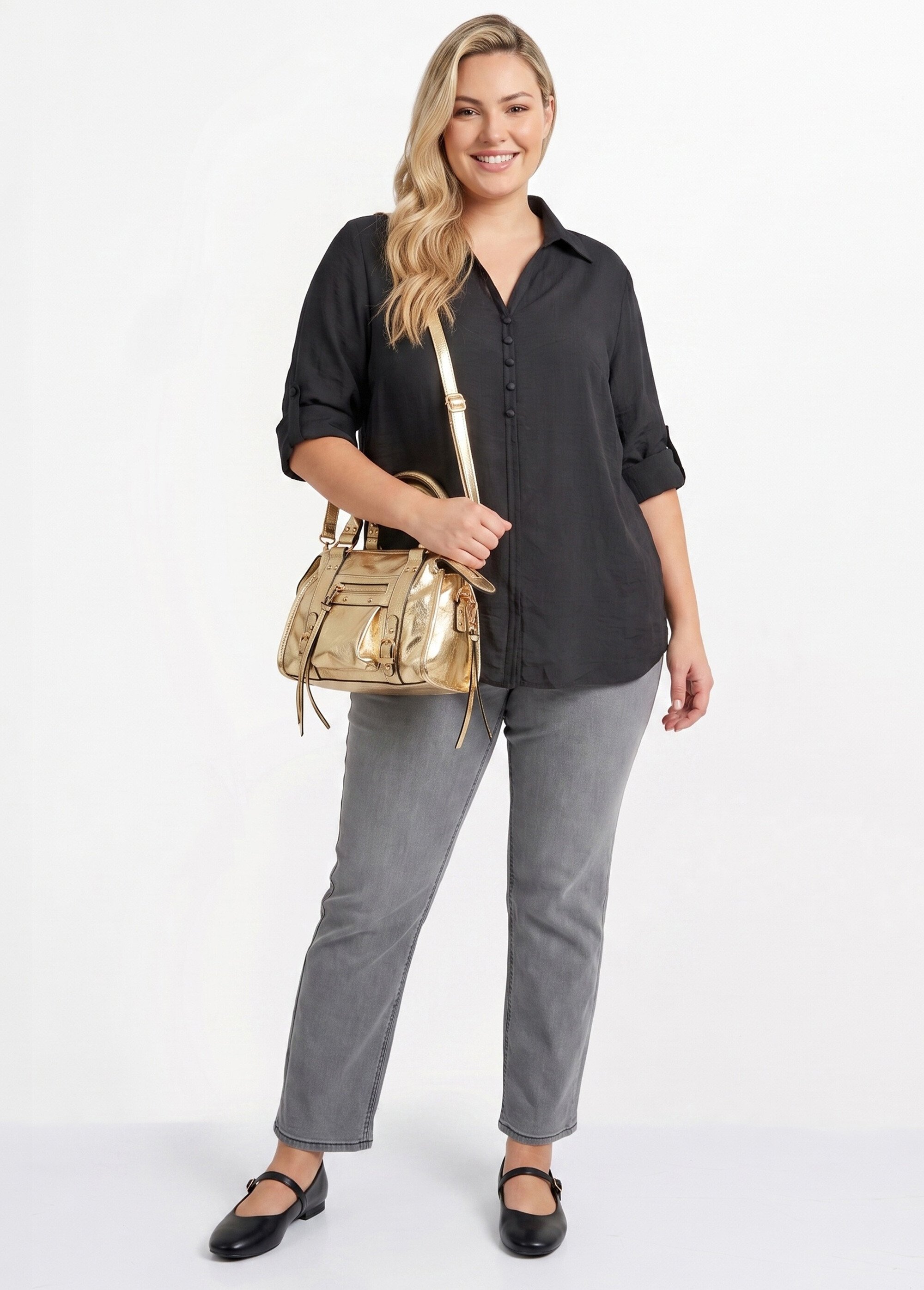 Blouse boutonnée unie col V Femme Grande Taille Noir CHY-F695-1 SI1