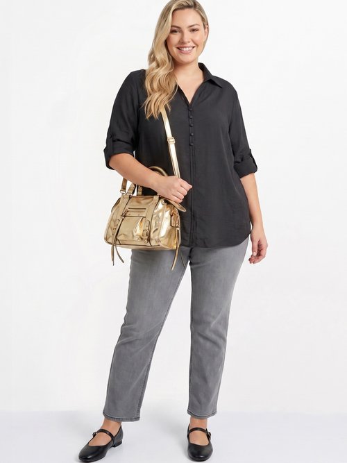 Blouse boutonnée unie col V Femme Grande Taille Noir CHY-F695-1 SI1