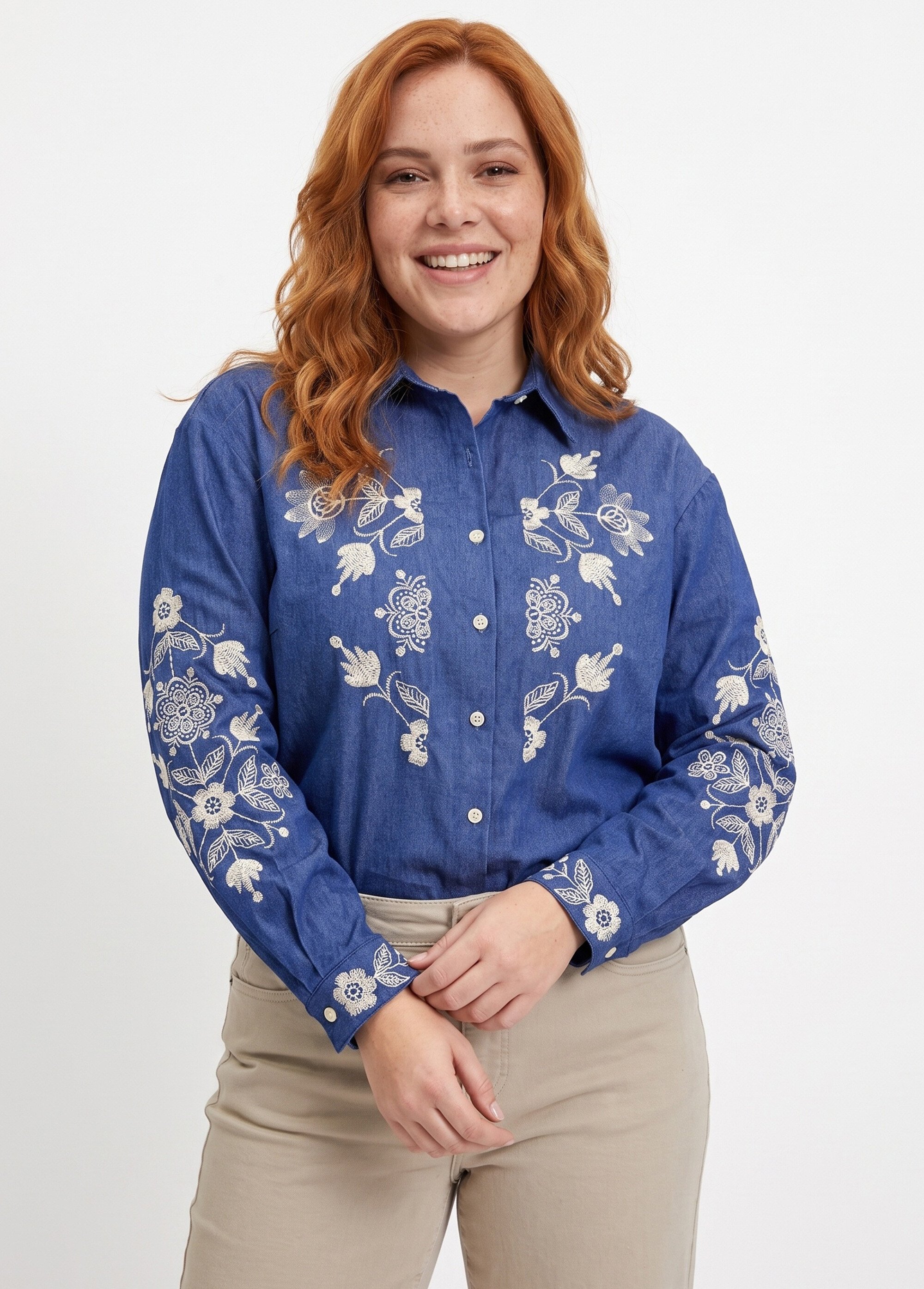 Chemise en jean avec broderies fleurs Femme Grande Taille Bleu CHY-K039 FA1