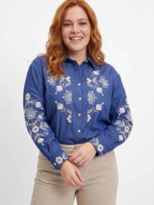 Chemise en jean avec broderies fleurs Femme Grande Taille Bleu CHY-K039 FA1