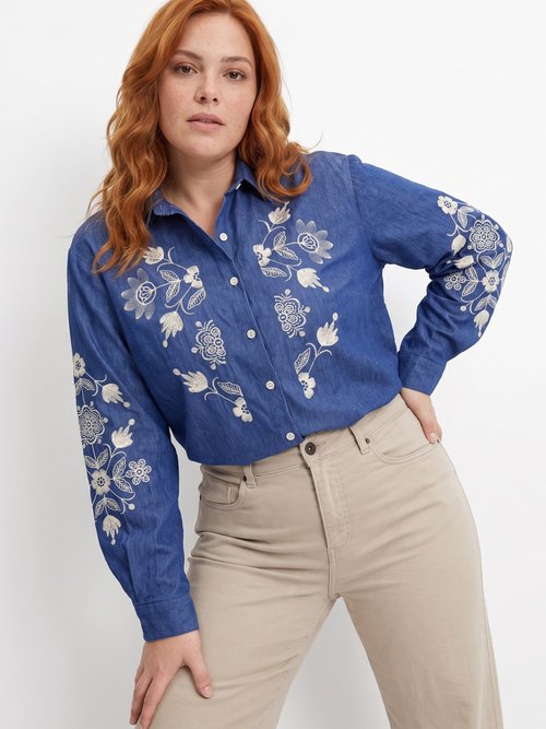 Chemise en jean avec broderies fleurs Femme Grande Taille Bleu CHY-K039 MV1