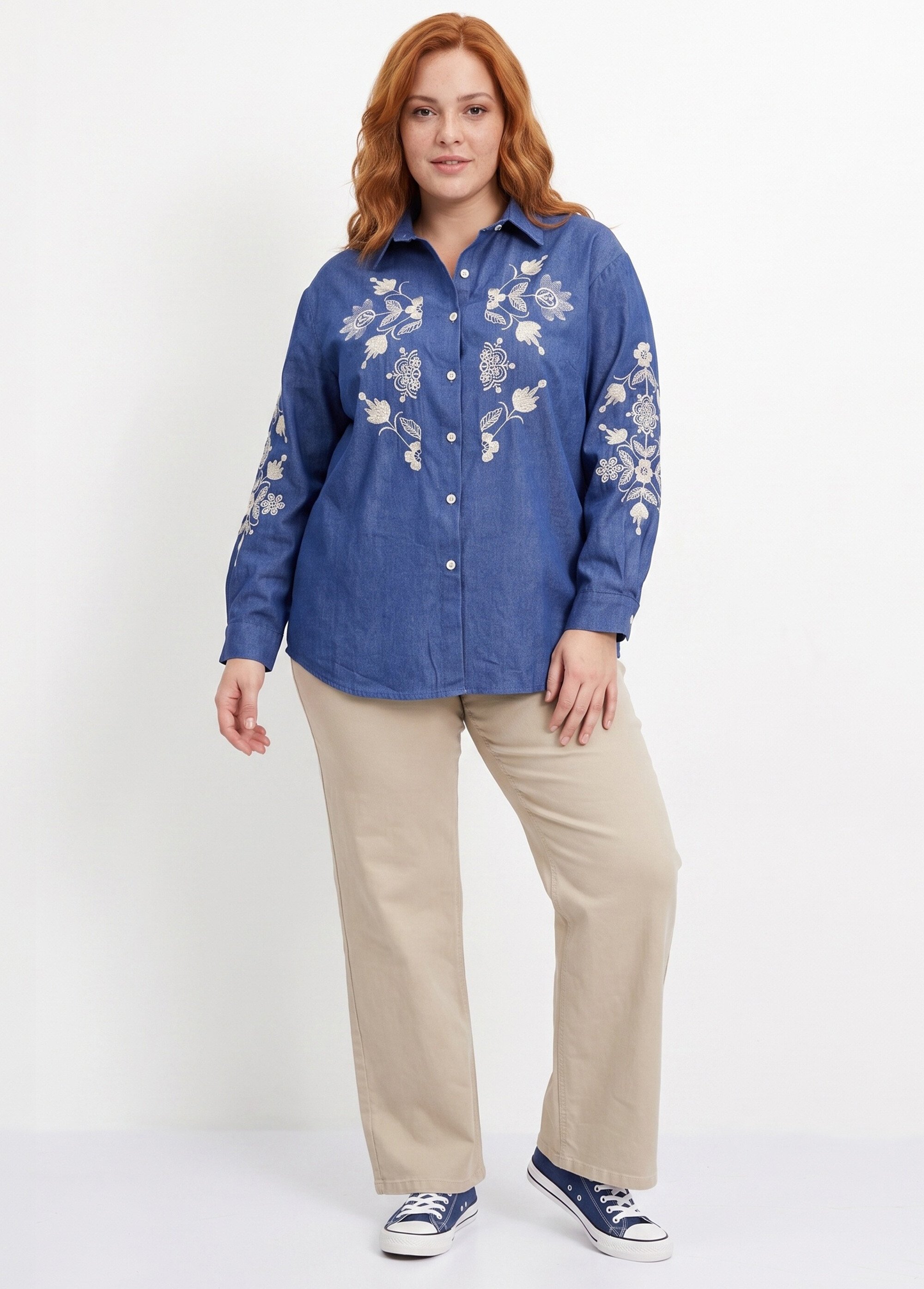 Chemise en jean avec broderies fleurs Femme Grande Taille Bleu CHY-K039 SI1