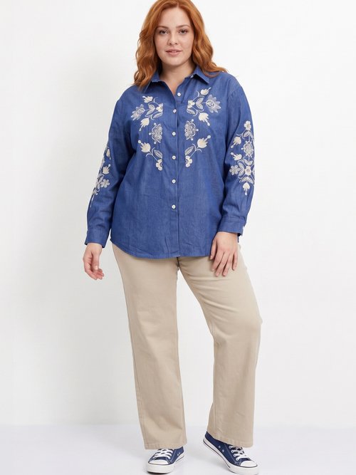 Chemise en jean avec broderies fleurs Femme Grande Taille Bleu CHY-K039 SI1
