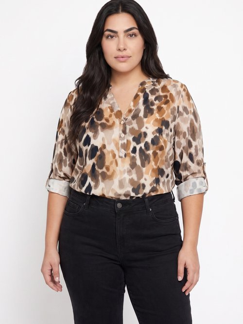 Chemisier boutonné col V motif aquarelle Femme Grande Taille Marron CHY-F692 FA1
