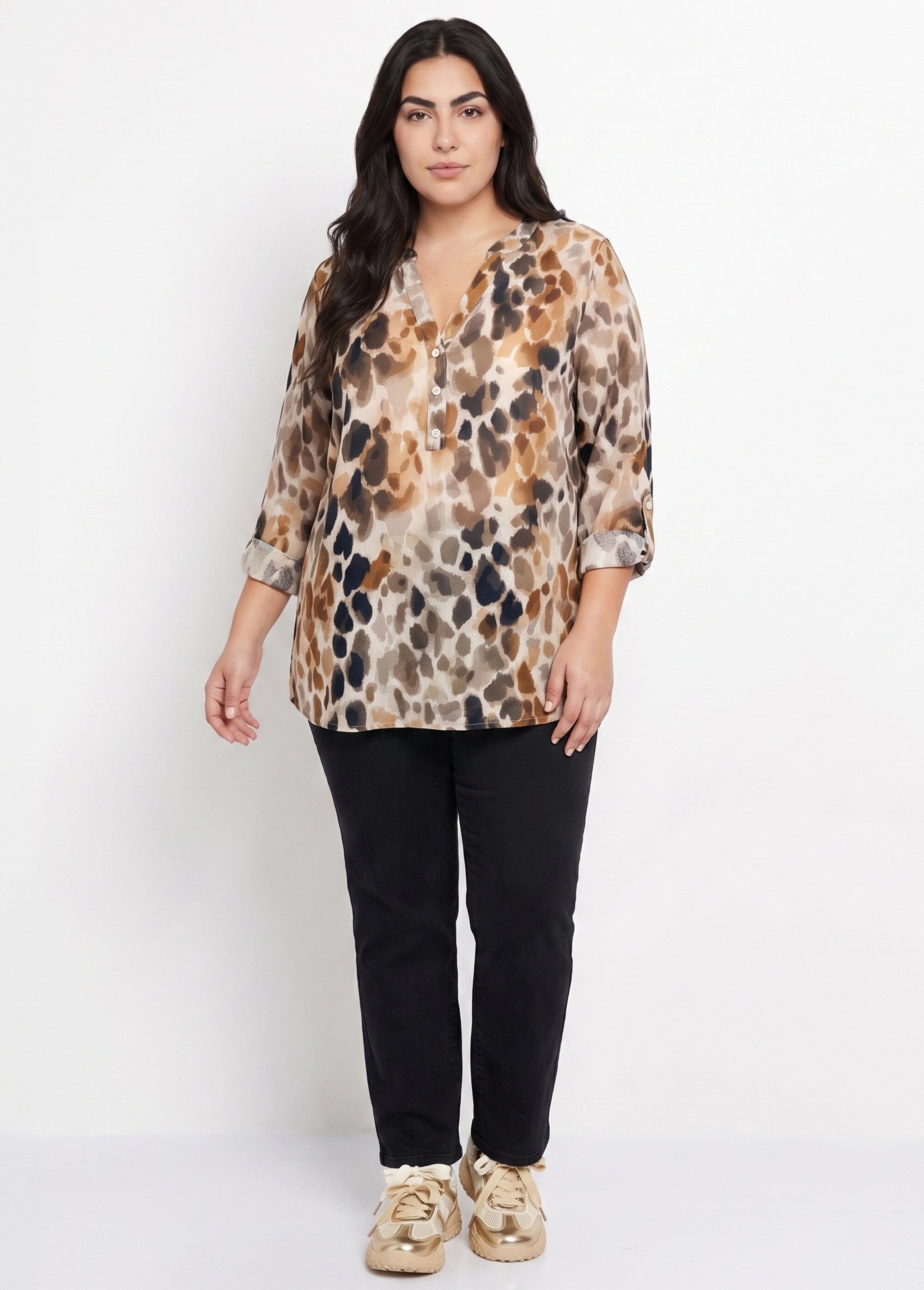 Chemisier boutonné col V motif aquarelle Femme Grande Taille Marron CHY-F692 SI1
