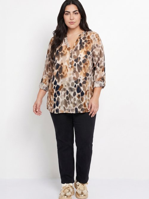 Chemisier boutonné col V motif aquarelle Femme Grande Taille Marron CHY-F692 SI1
