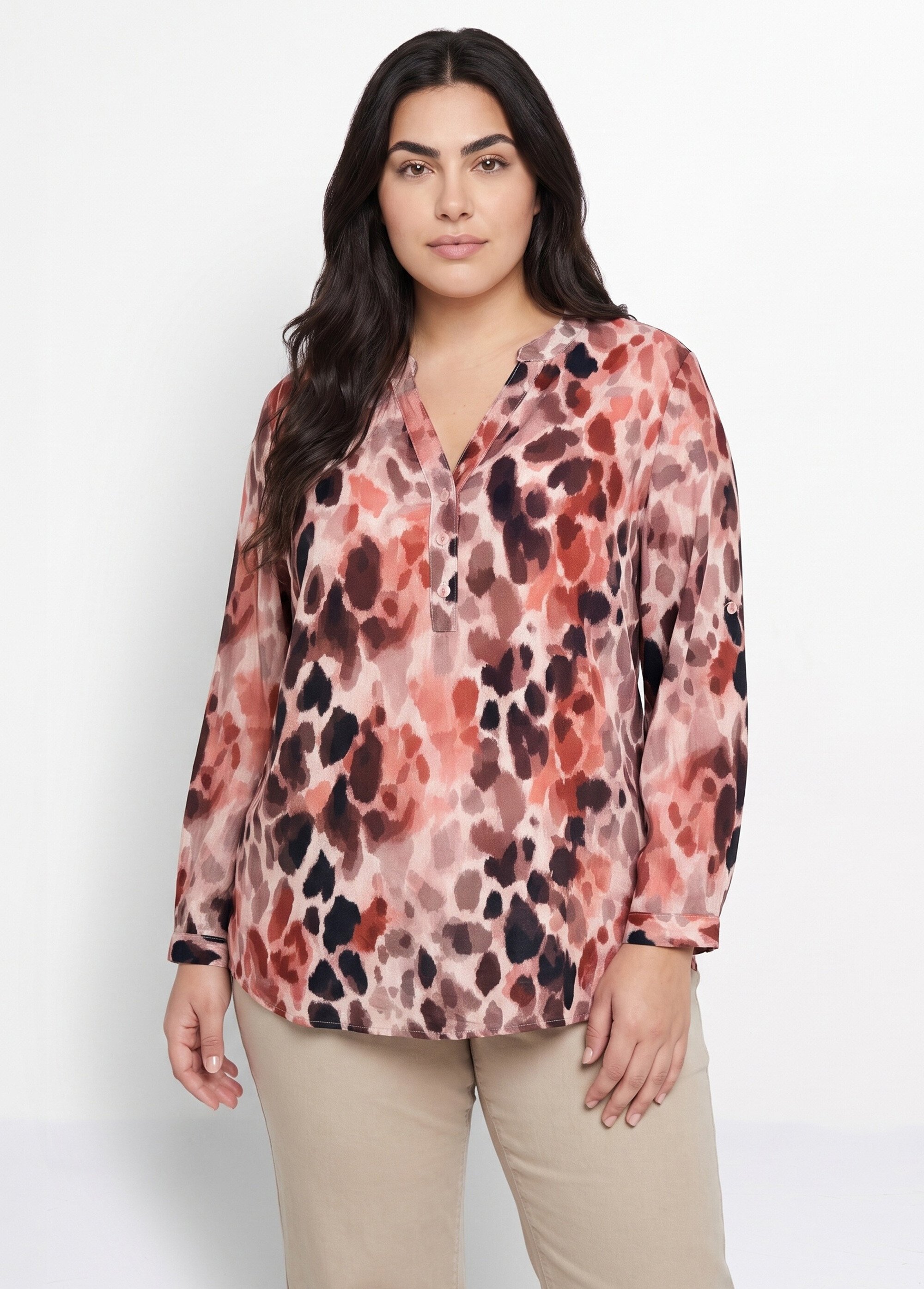 Chemisier boutonné col V motif aquarelle Femme Grande Taille Rouge CHY-F692 FA1