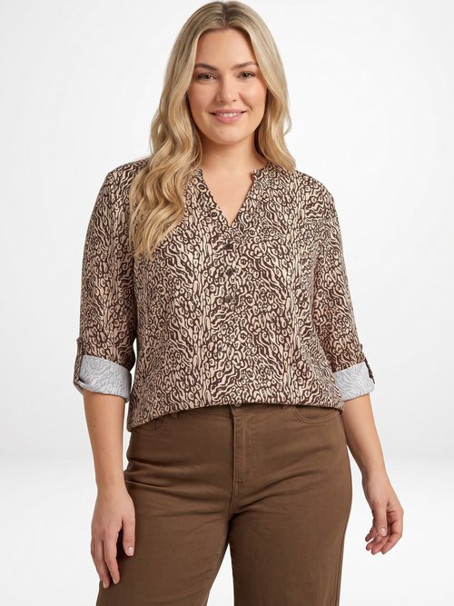 Chemisier motif animalier avec fil doré Femme Grande Taille Marron CHY-F704 FA1