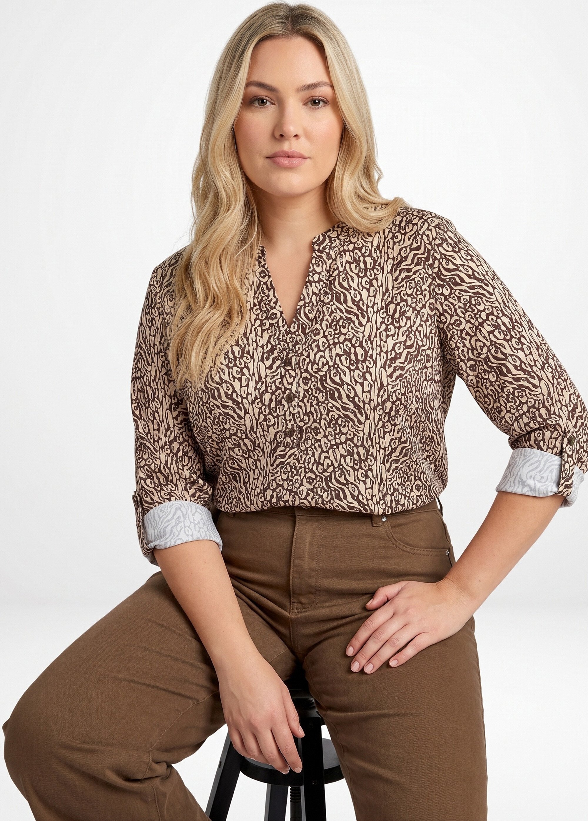 Chemisier motif animalier avec fil doré Femme Grande Taille Marron CHY-F704 MV1