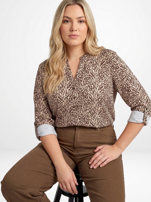 Chemisier motif animalier avec fil doré Femme Grande Taille Marron CHY-F704 MV1