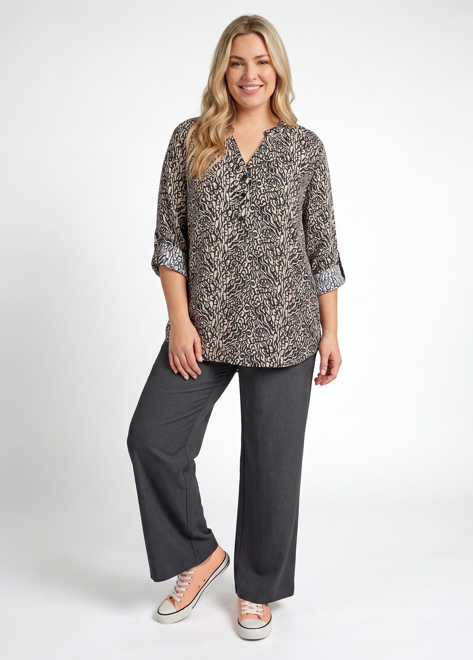 Chemisier motif animalier avec fil doré Femme Grande Taille Noir CHY-F704 SI1