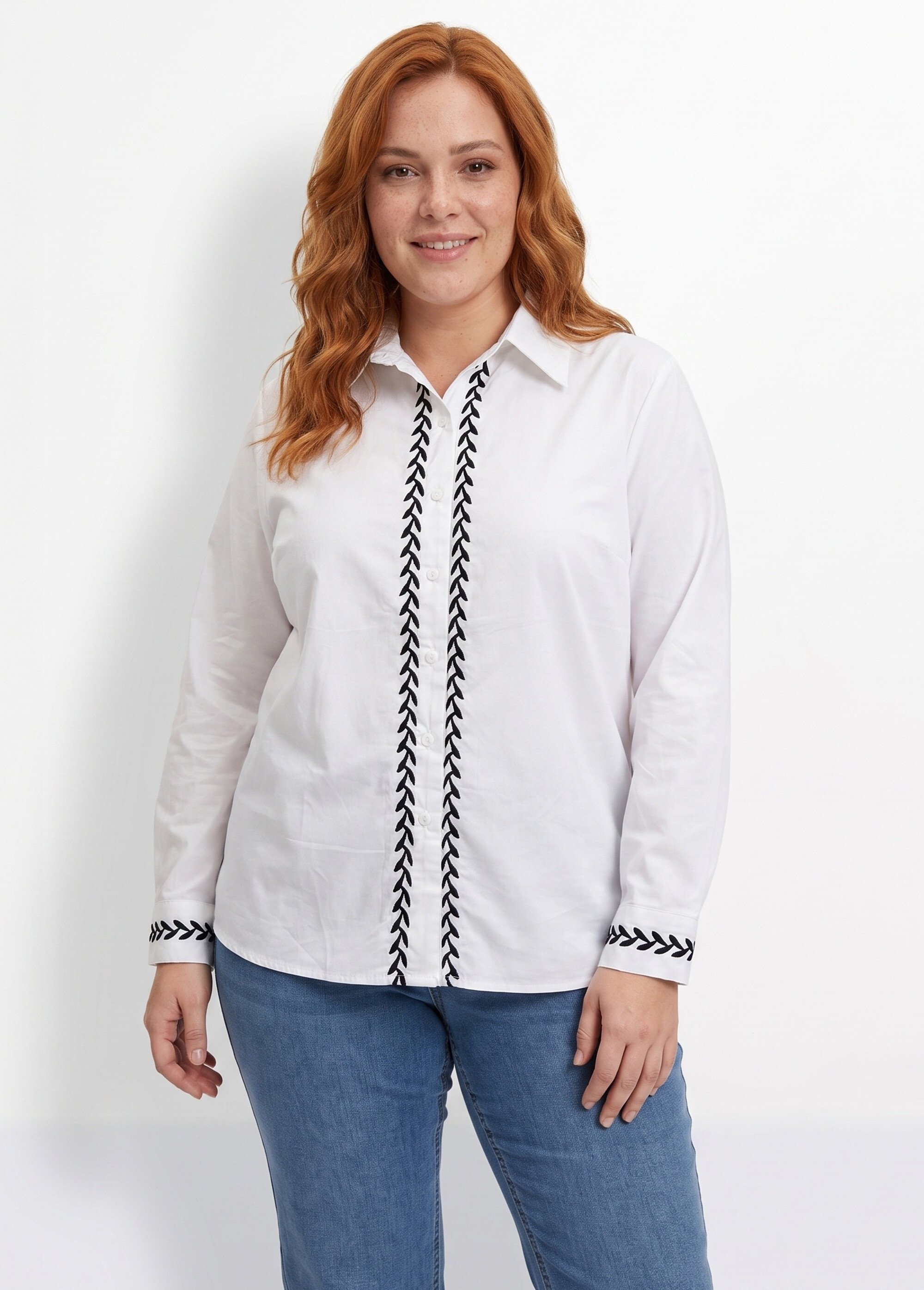 Chemisier popeline coton avec broderies Femme Grande Taille Blanc CHY-A81 FA1