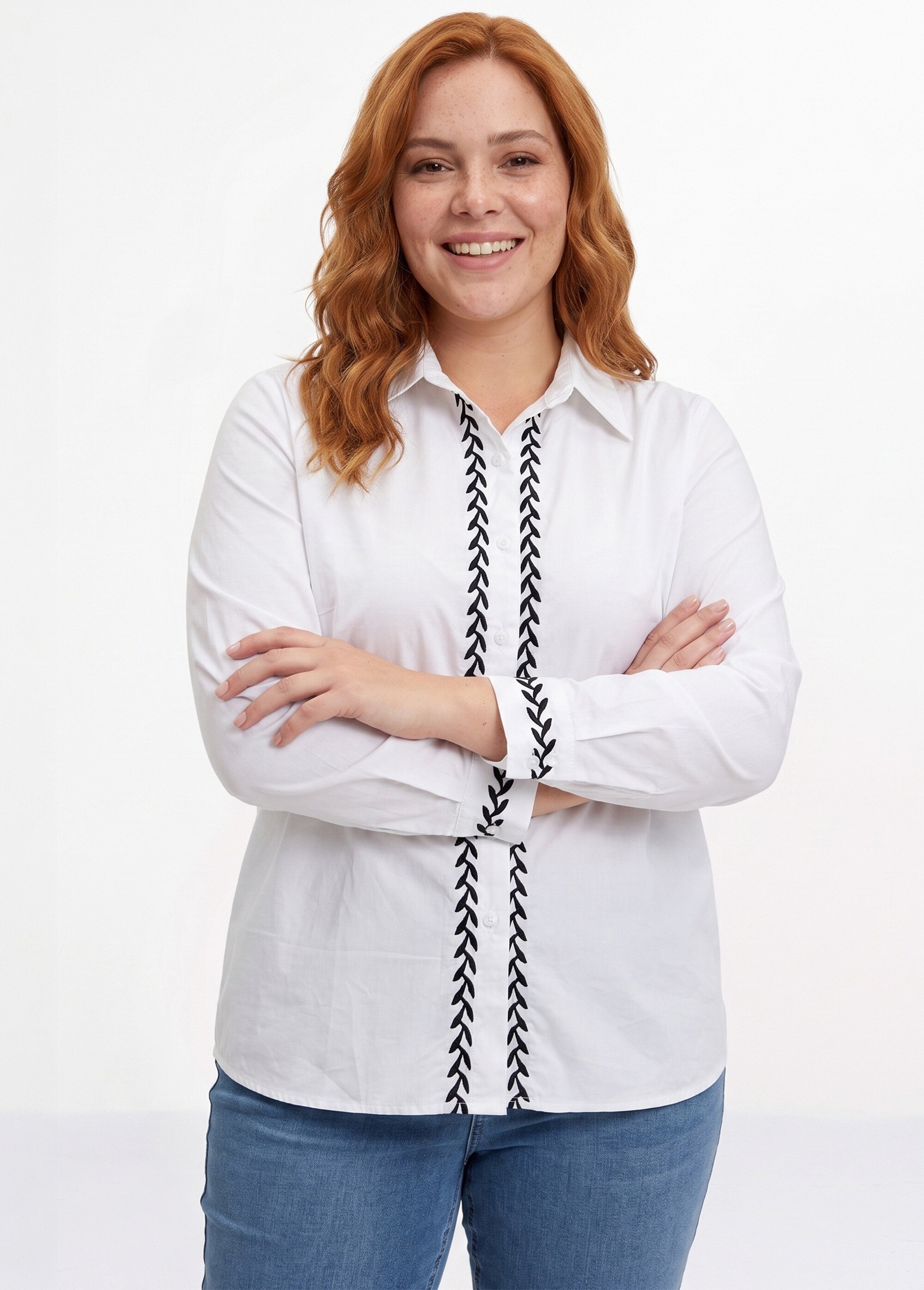 Chemisier popeline coton avec broderies Femme Grande Taille Blanc CHY-A81 MV1
