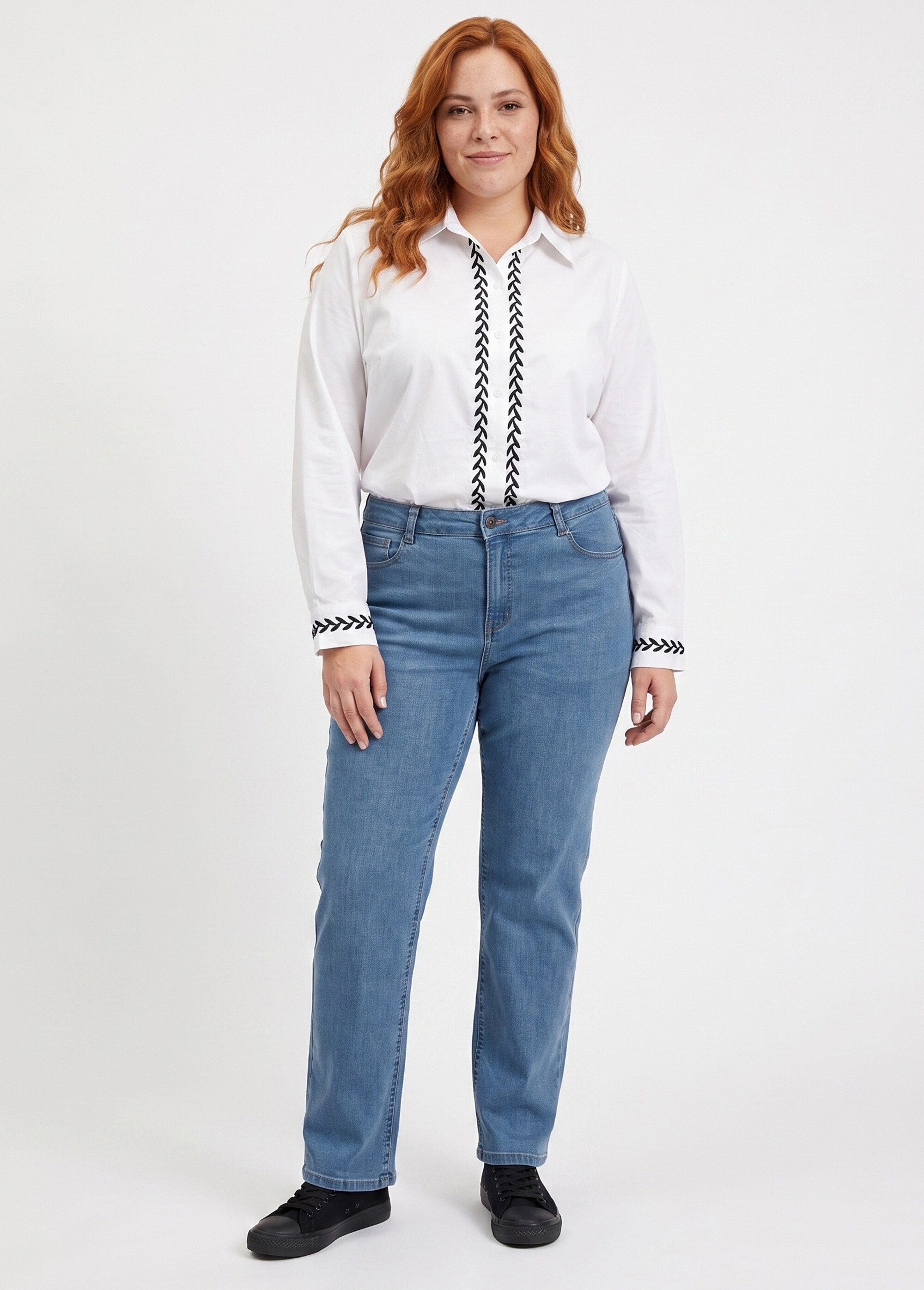 Chemisier popeline coton avec broderies Femme Grande Taille Blanc CHY-A81 SI1