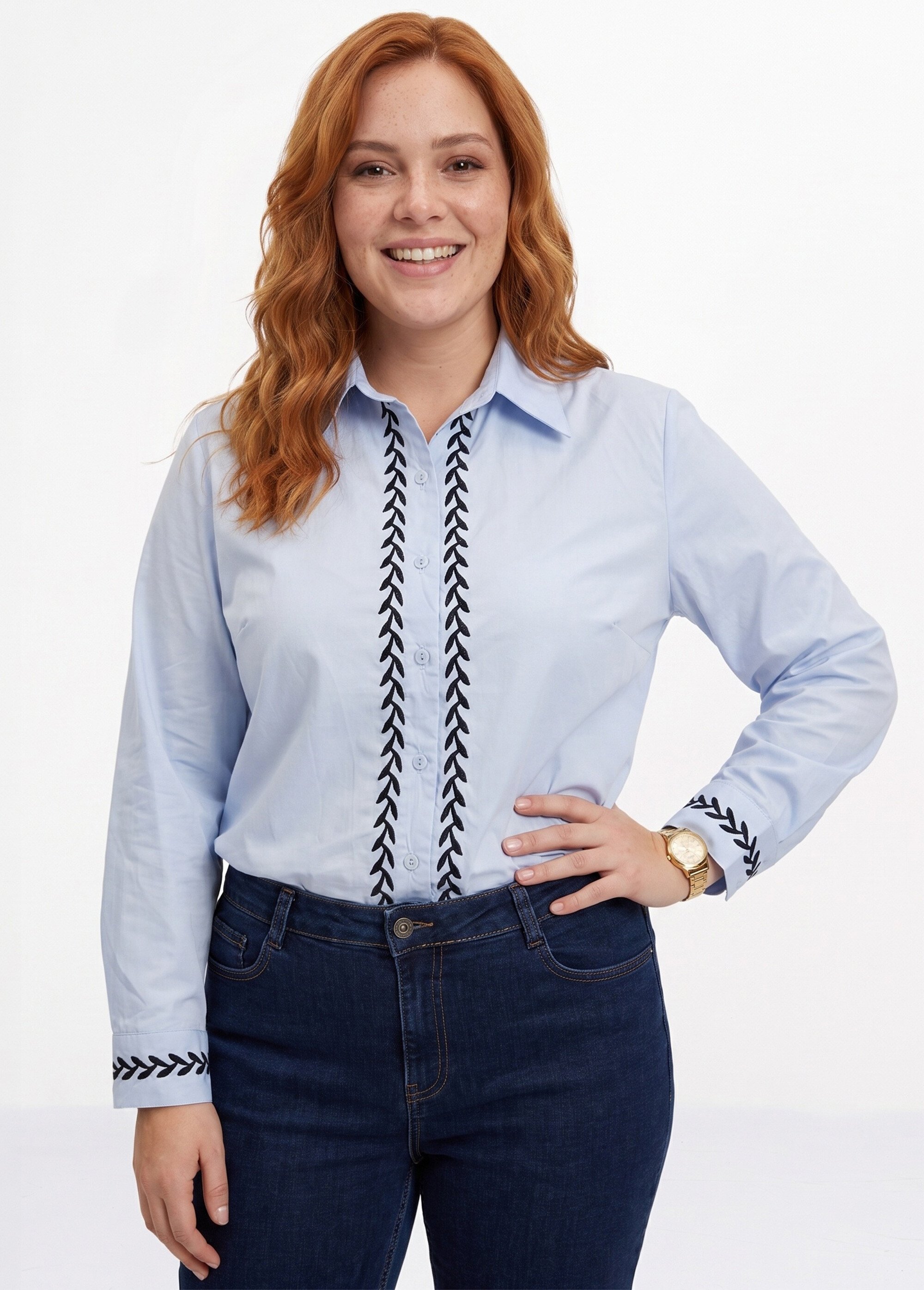 Chemisier popeline coton avec broderies Femme Grande Taille BLEU CIEL ET MARINE CHY-A81 FA1