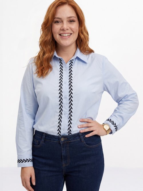 Chemisier popeline coton avec broderies Femme Grande Taille BLEU CIEL ET MARINE CHY-A81 FA1