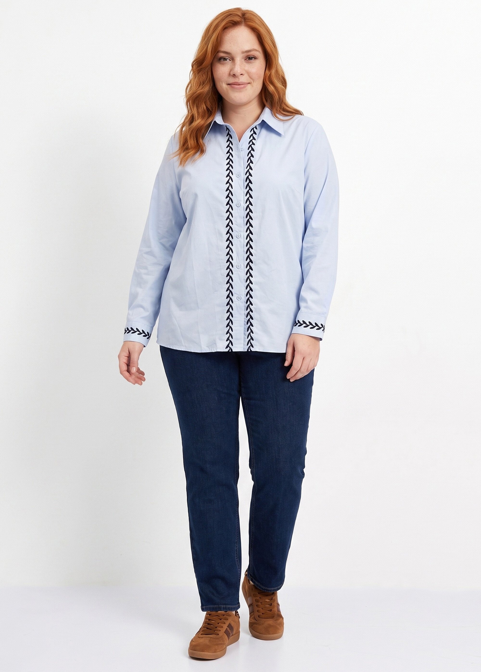 Chemisier popeline coton avec broderies Femme Grande Taille BLEU CIEL ET MARINE CHY-A81 SI1