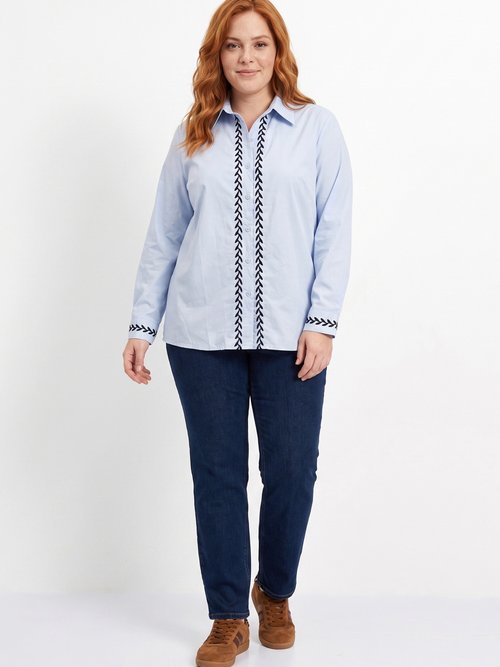 Chemisier popeline coton avec broderies Femme Grande Taille BLEU CIEL ET MARINE CHY-A81 SI1