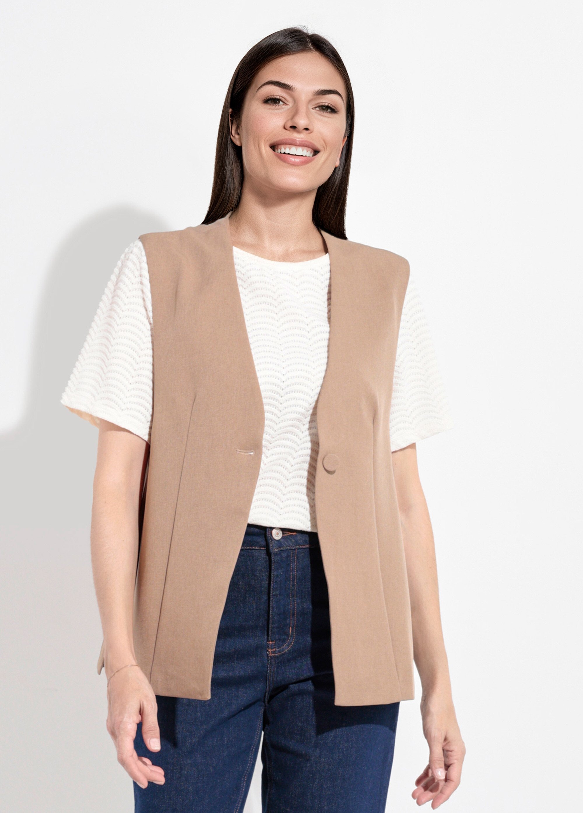 Gilet costume sans manches bouton côtés Femme Beige JB-A3184 FA1