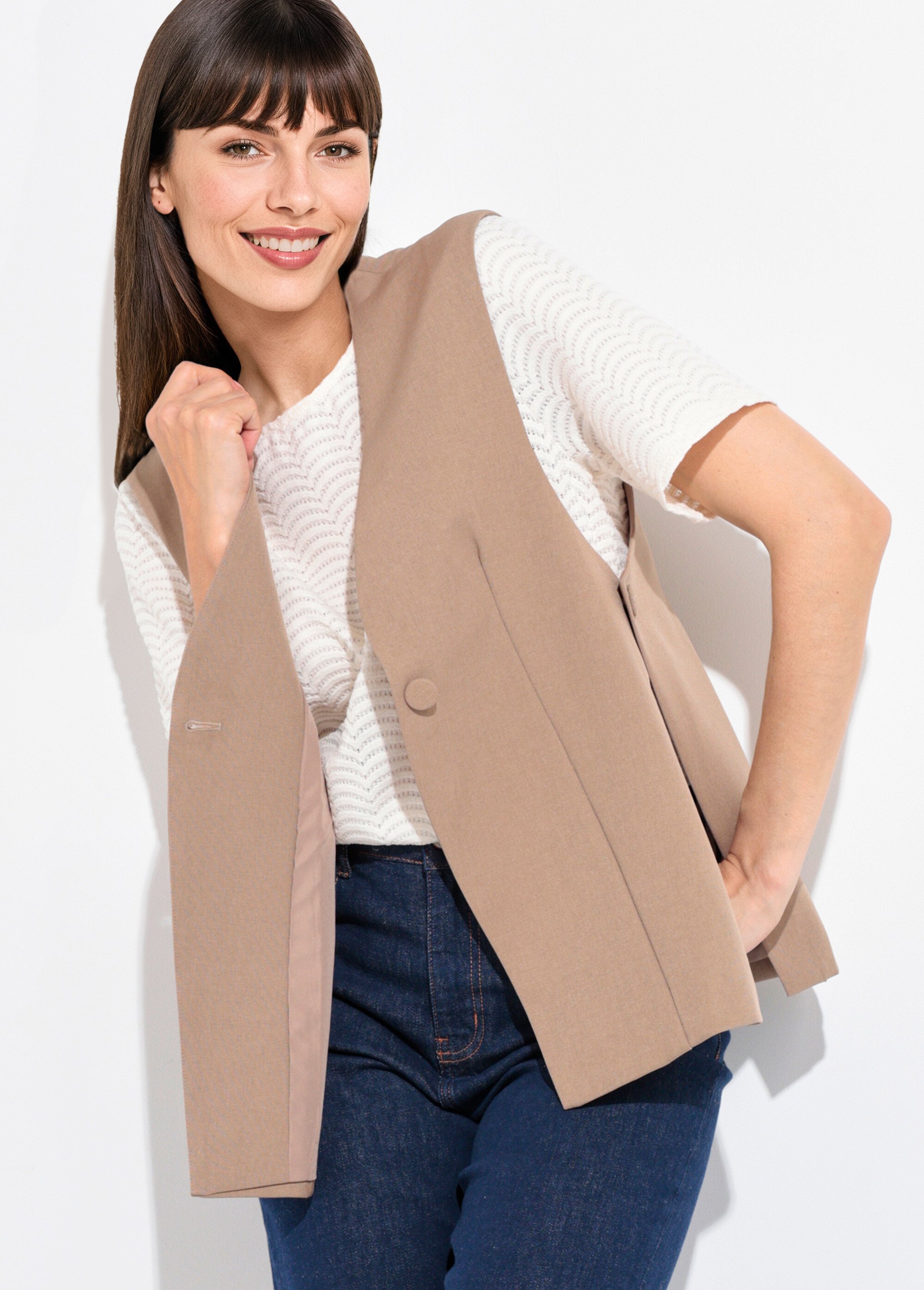 Gilet costume sans manches bouton côtés Femme Beige JB-A3184 MV1