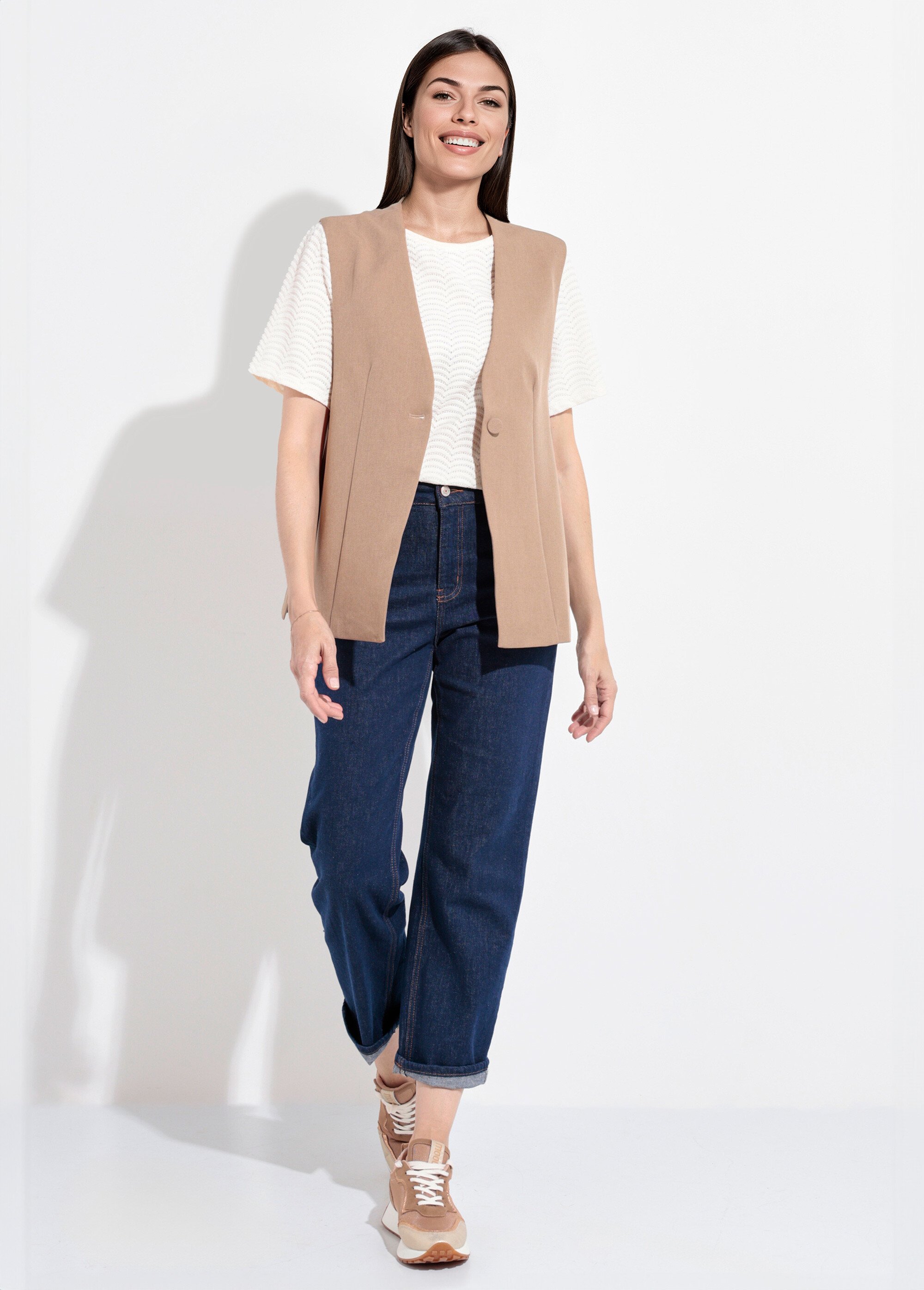 Gilet costume sans manches bouton côtés Femme Beige JB-A3184 SF1