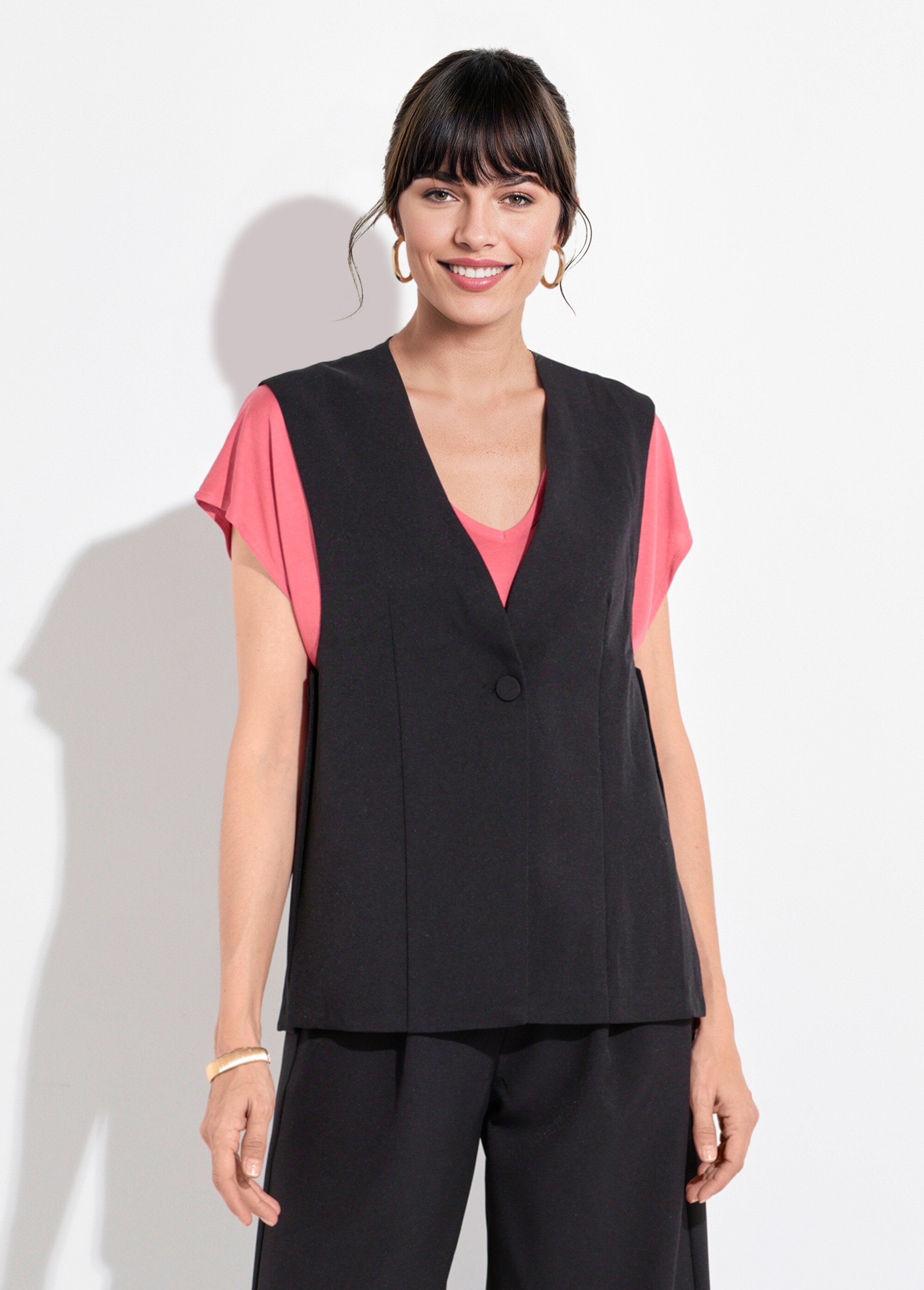 Gilet costume sans manches bouton côtés Femme Noir JB-A3184 FA1