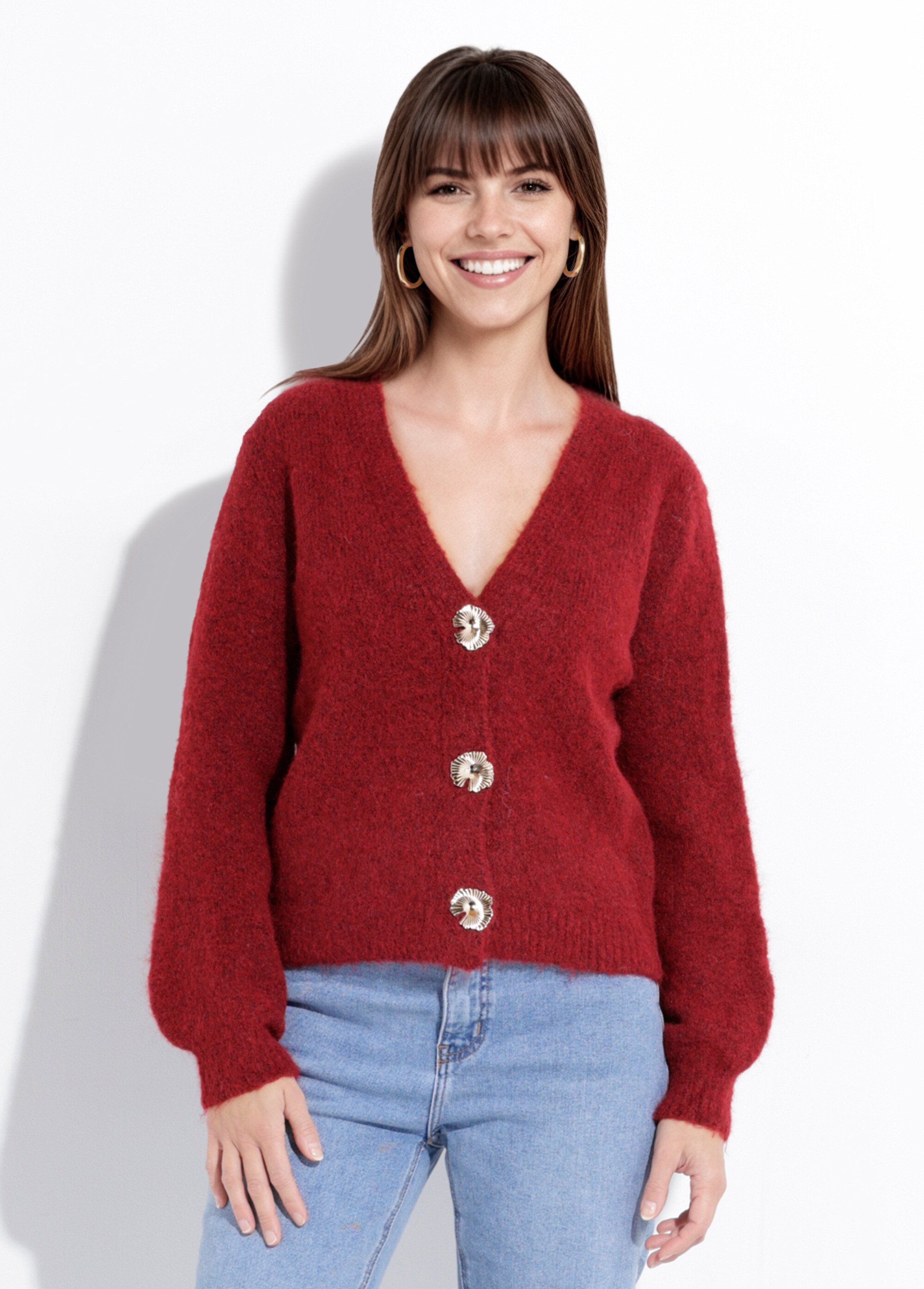 Gilet maille douce avec boutons bijoux Femme Rouge MQ-J002 FA1