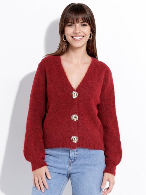 Gilet maille douce avec boutons bijoux Femme Rouge MQ-J002 FA1