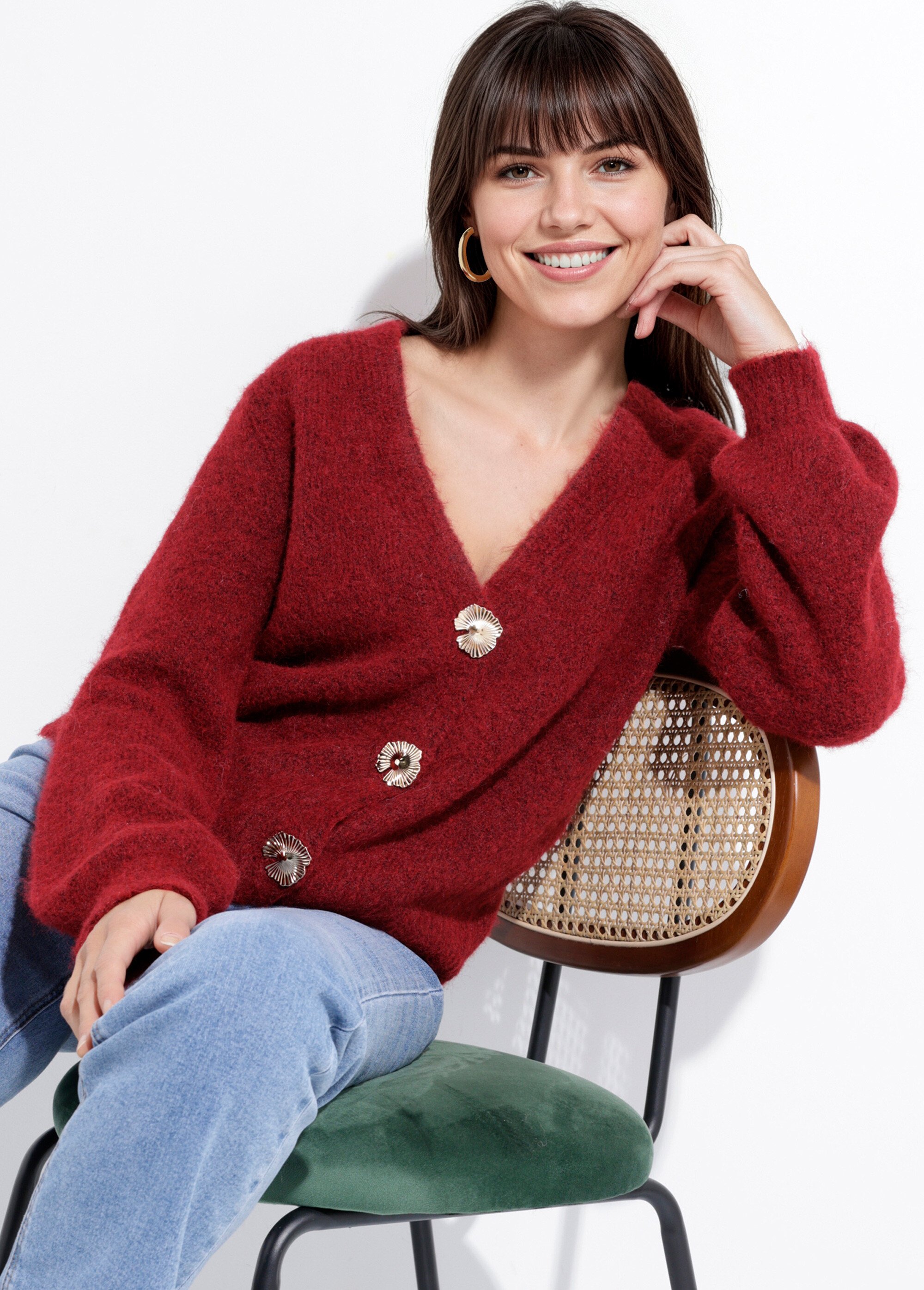 Gilet maille douce avec boutons bijoux Femme Rouge MQ-J002 MV1