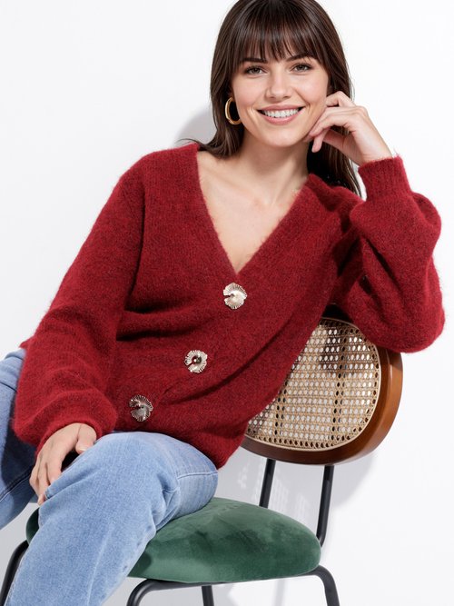 Gilet maille douce avec boutons bijoux Femme Rouge MQ-J002 MV1