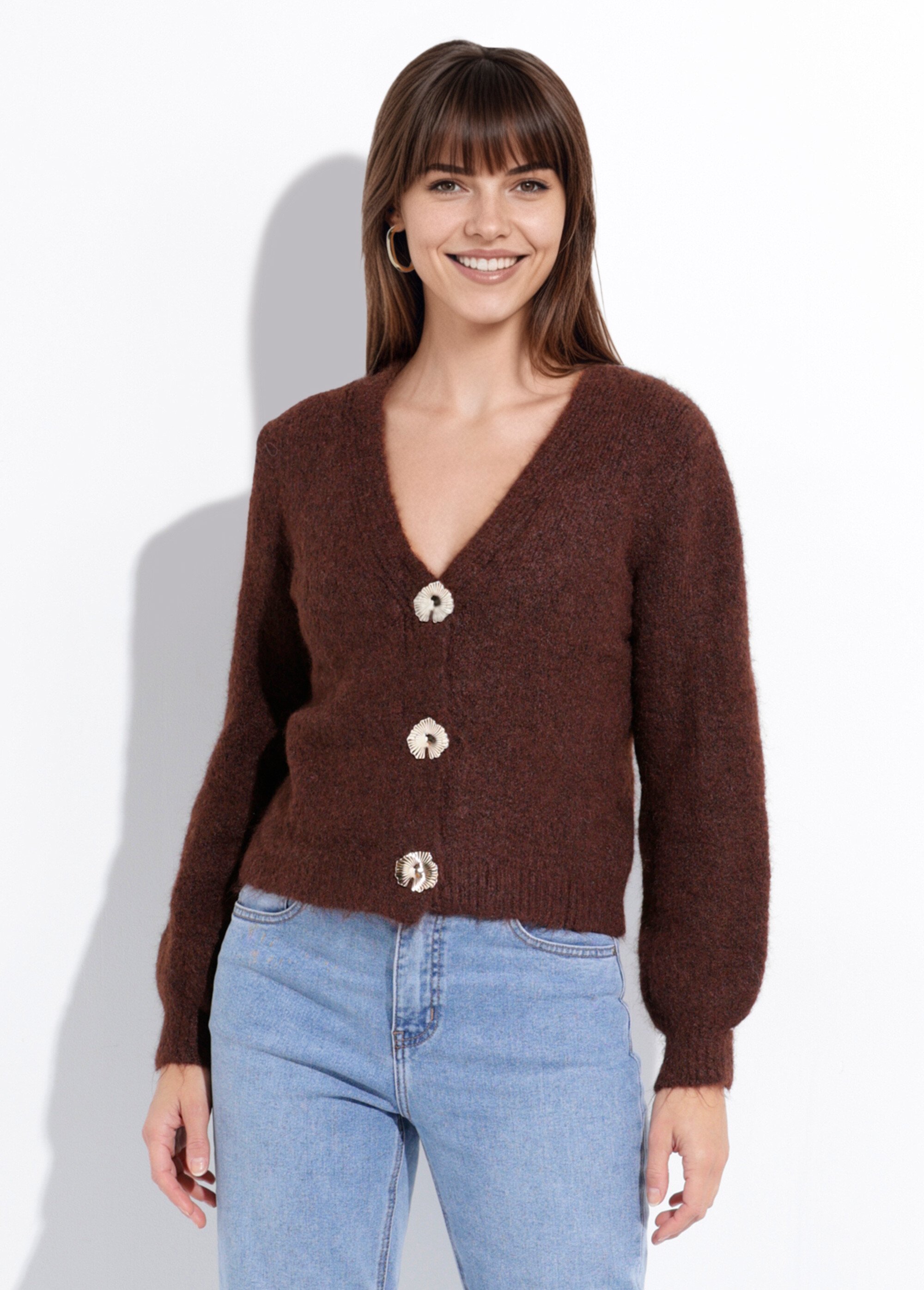 Gilet maille douce avec boutons bijoux Femme Marron MQ-J002 FA1