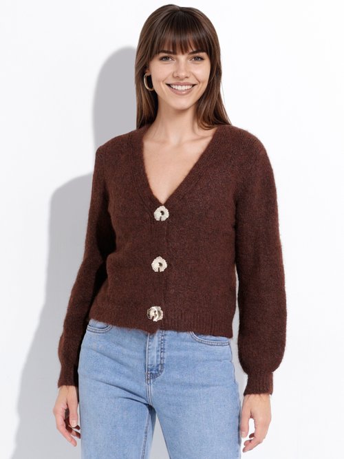 Gilet maille douce avec boutons bijoux Femme Marron MQ-J002 FA1