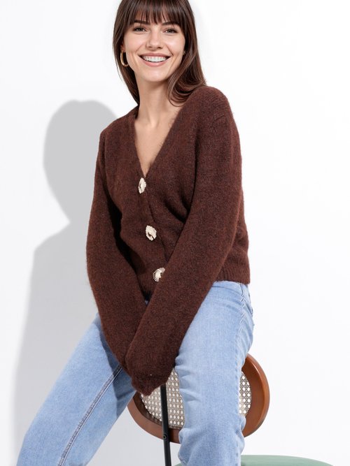 Gilet maille douce avec boutons bijoux Femme Marron MQ-J002 MV1