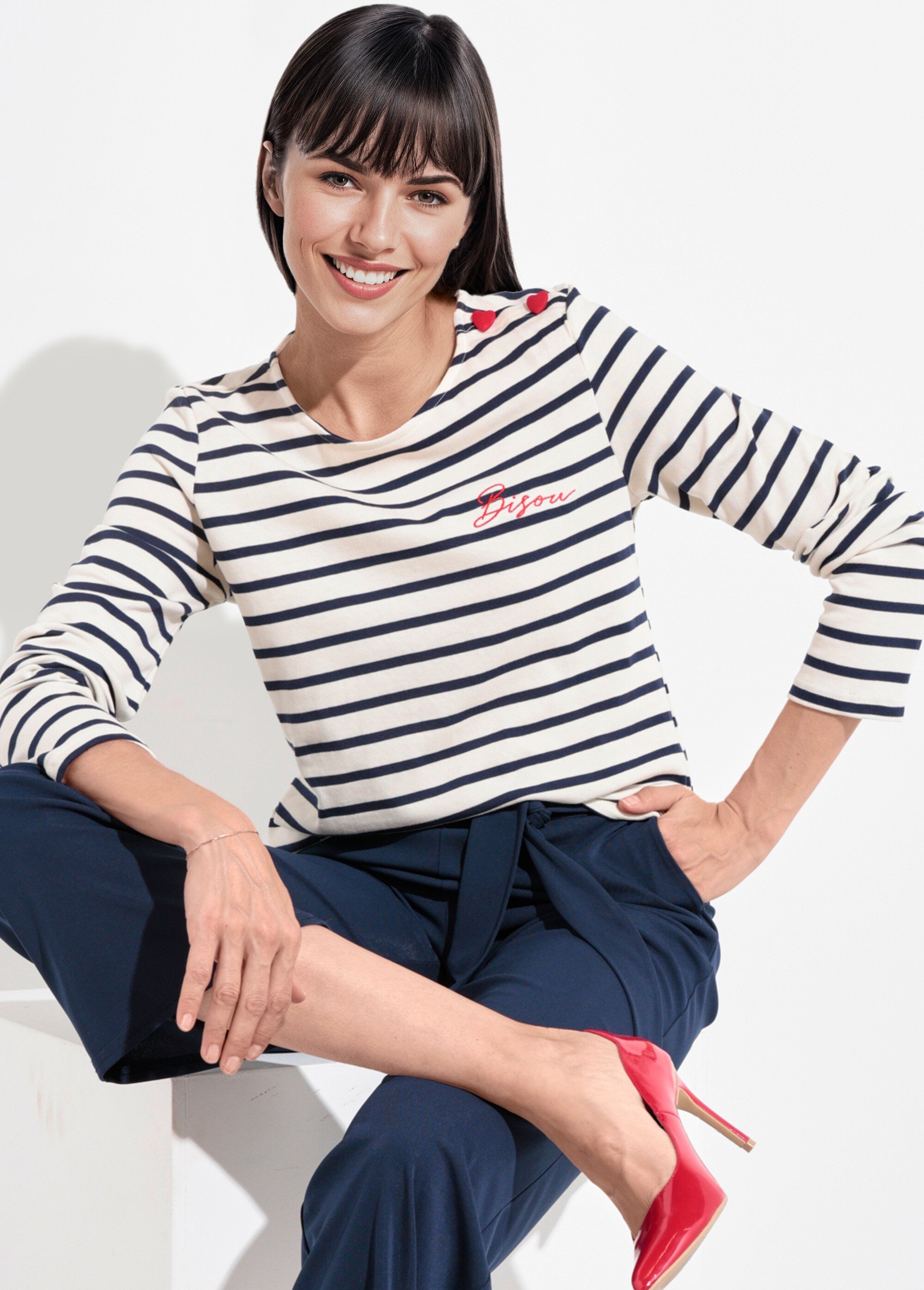 Marinière boutons épaule forme cœur Femme Blanc JB-B6140 MV1