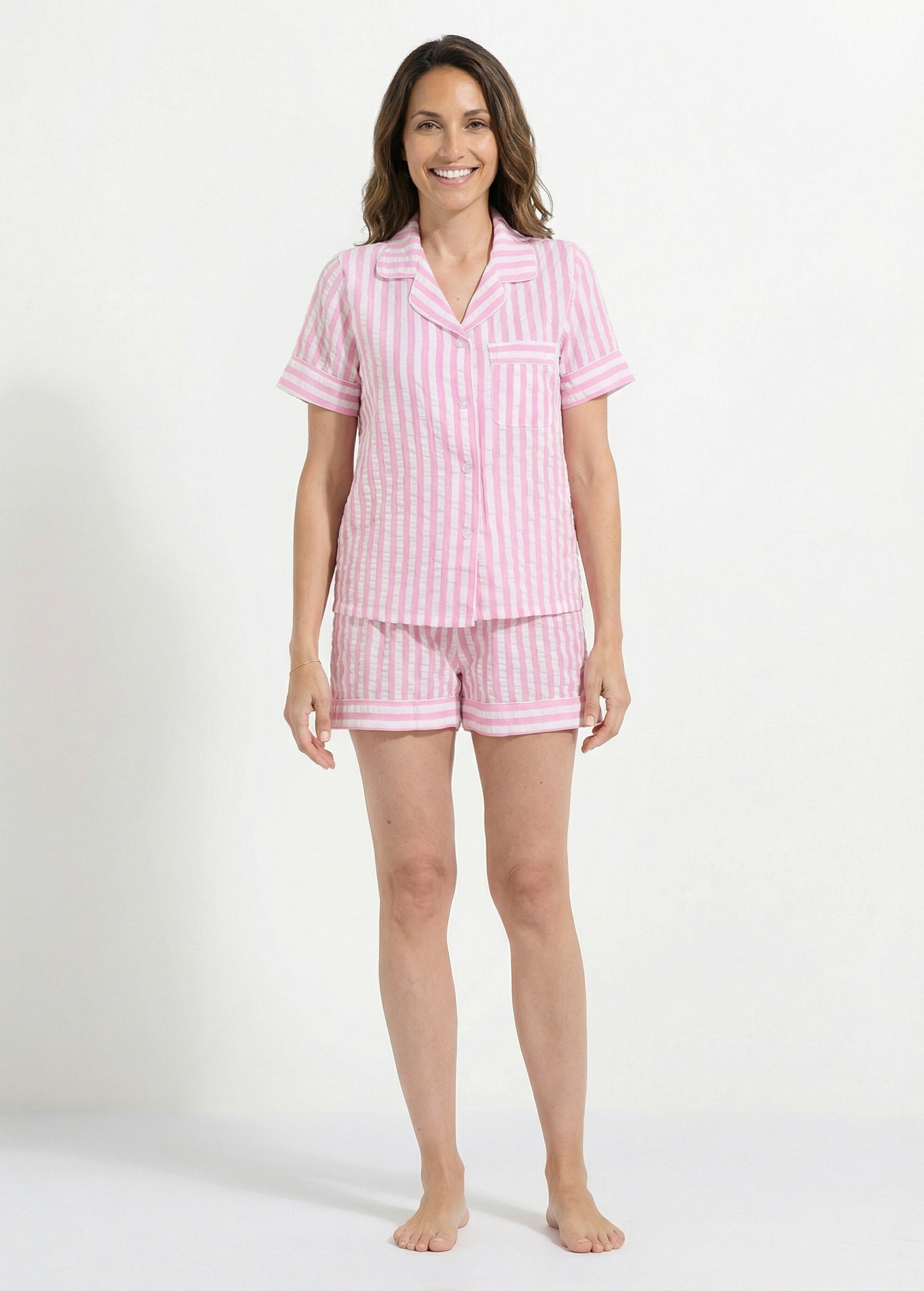 Pyjama short fantaisie à rayures Femme Rose H-NT186 FA1
