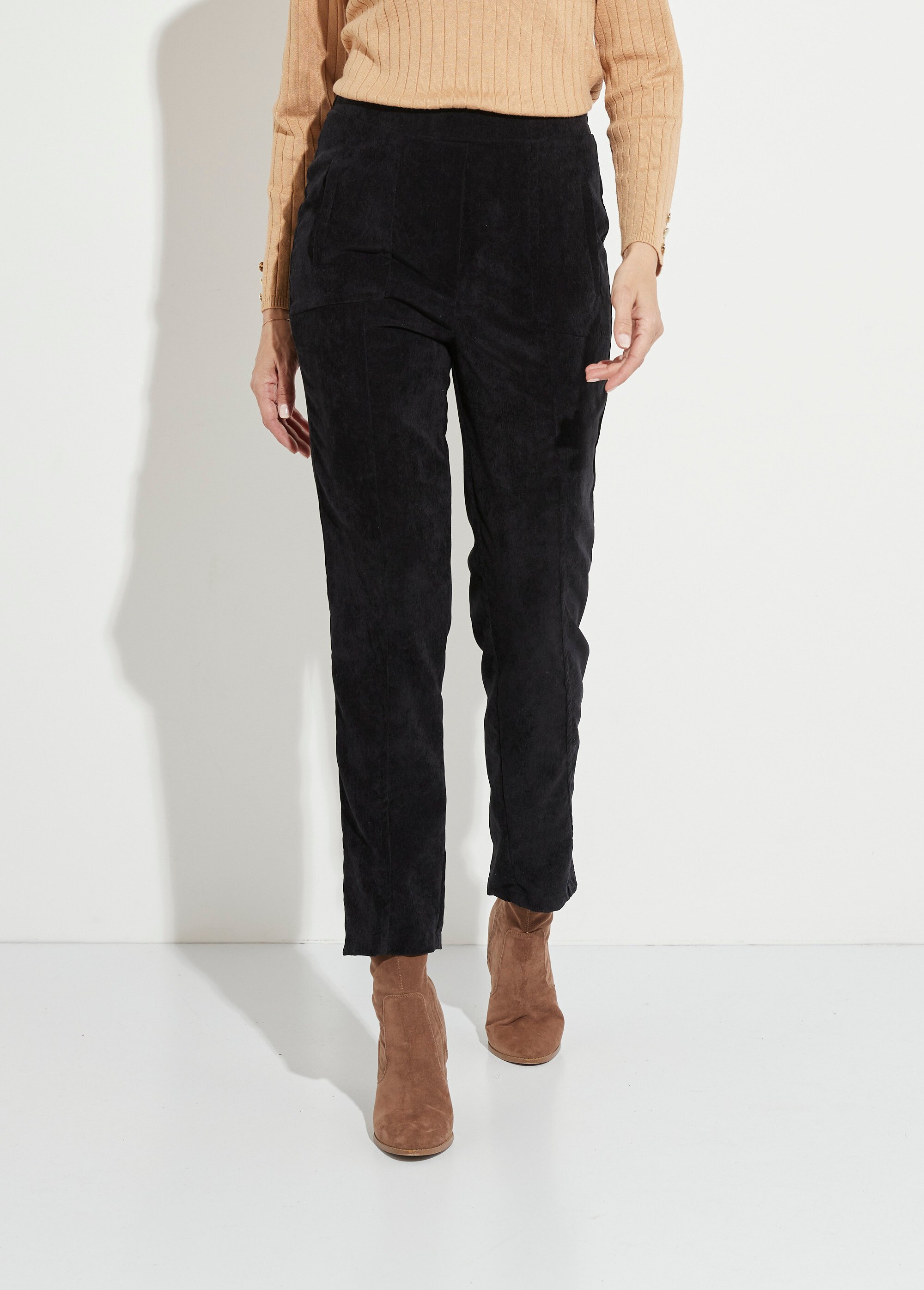 Pantalon droit taille élastiquée velours milleraies Femme Noir NAGEUR FA1