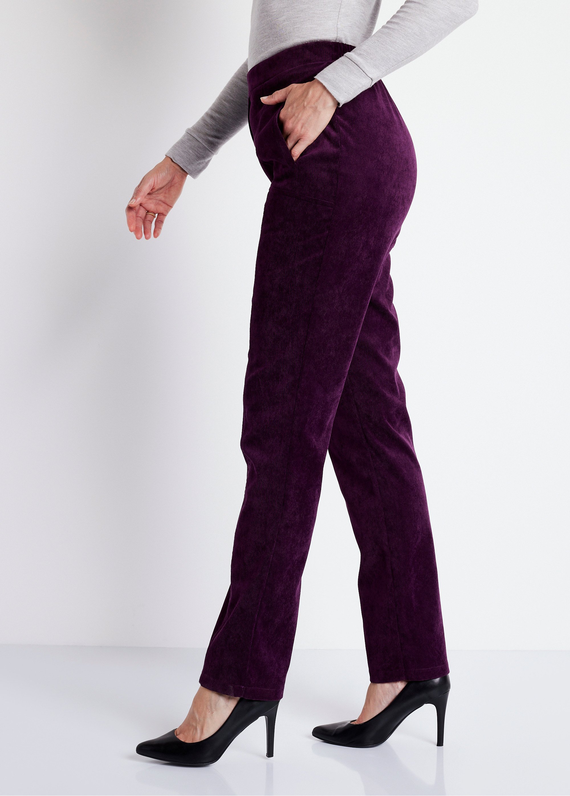 Pantalon droit taille élastiquée velours milleraies Femme Violet NAGEUR DR2