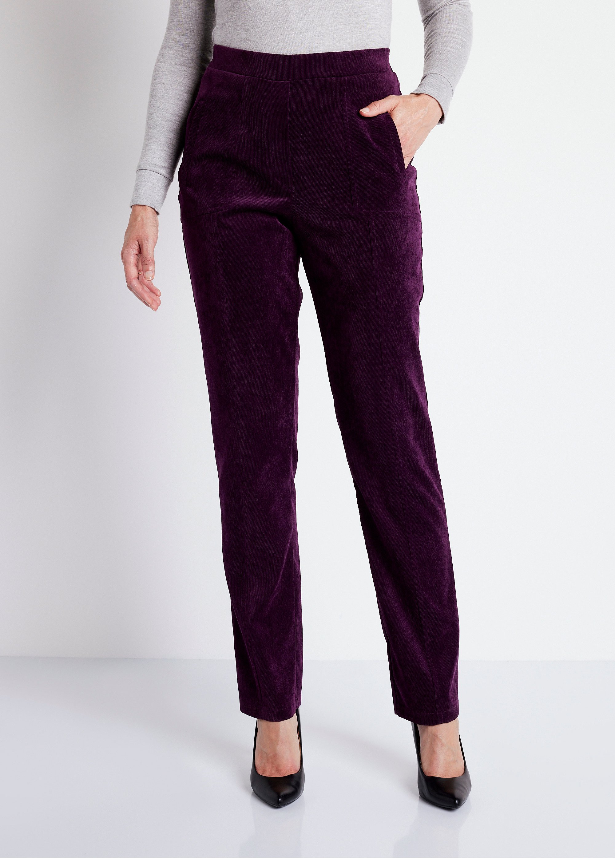 Pantalon droit taille élastiquée velours milleraies Femme Violet NAGEUR FA2