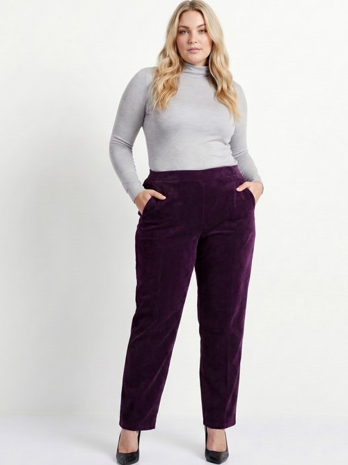 Pantalon droit taille élastiquée velours milleraies Femme Grande Taille Violet NAGEUR SI1