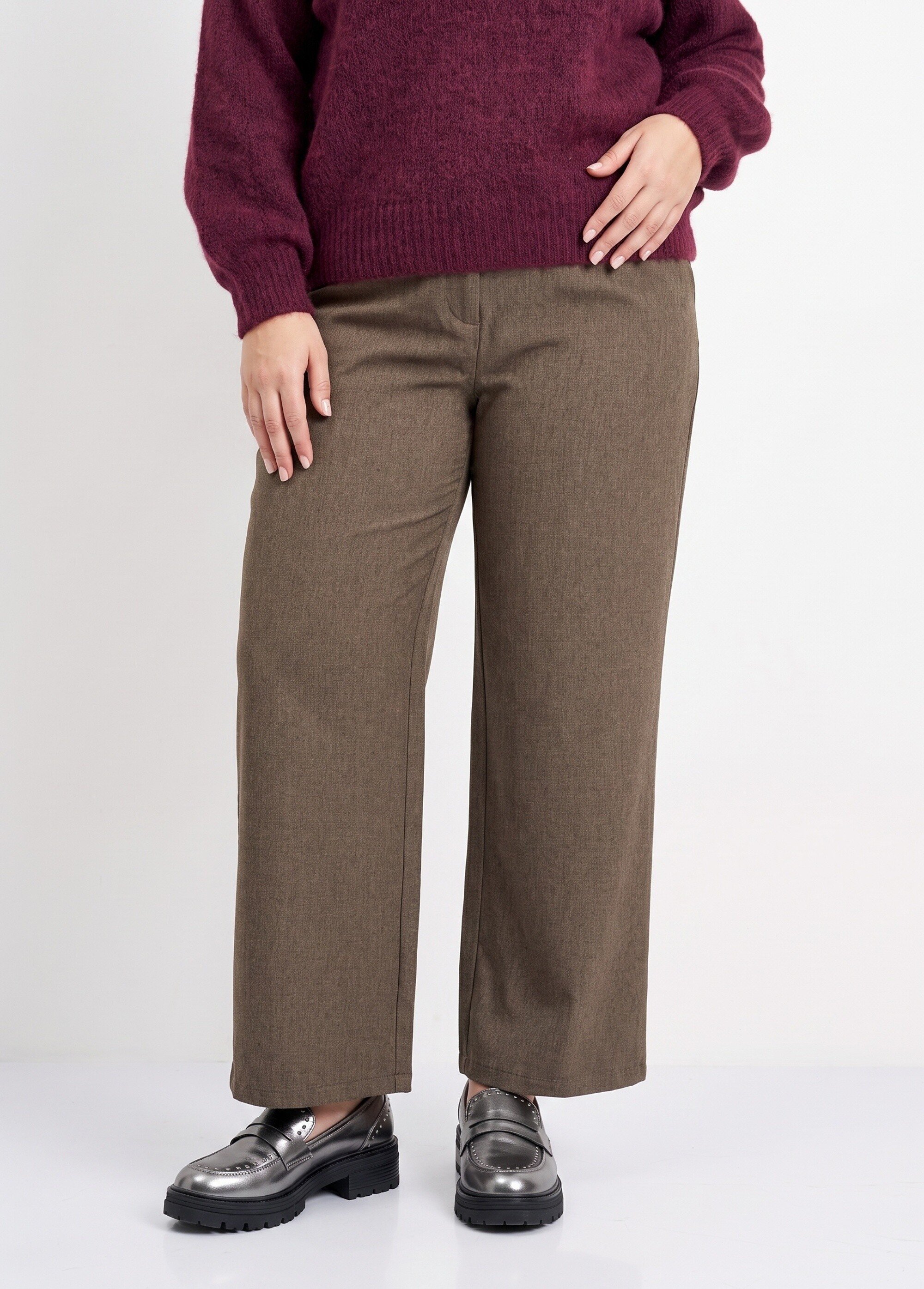 Pantalon large chiné taille élastiquée Femme Grande Taille Marron CHY-AB051-1 FA1