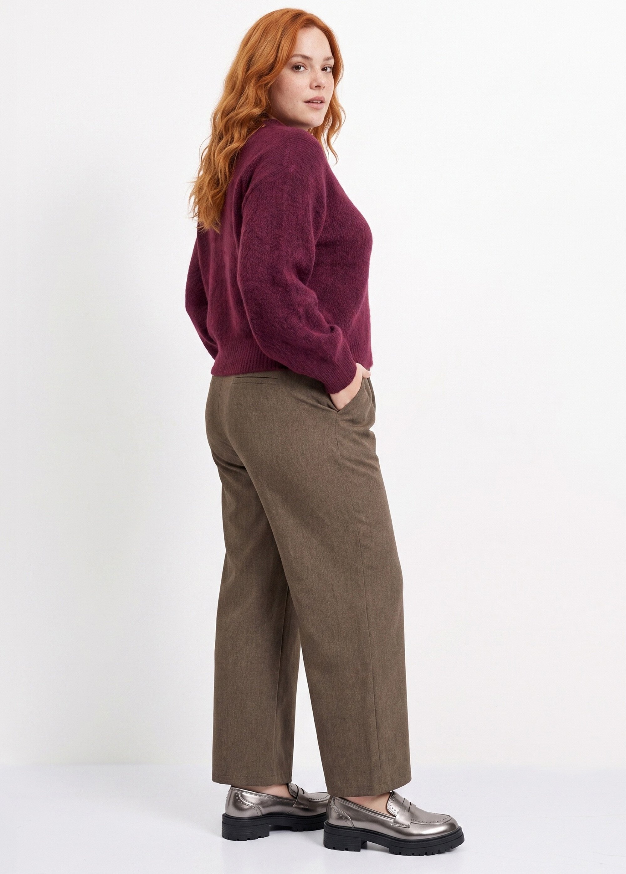 Pantalon large chiné taille élastiquée Femme Grande Taille Marron CHY-AB051-1 MV1