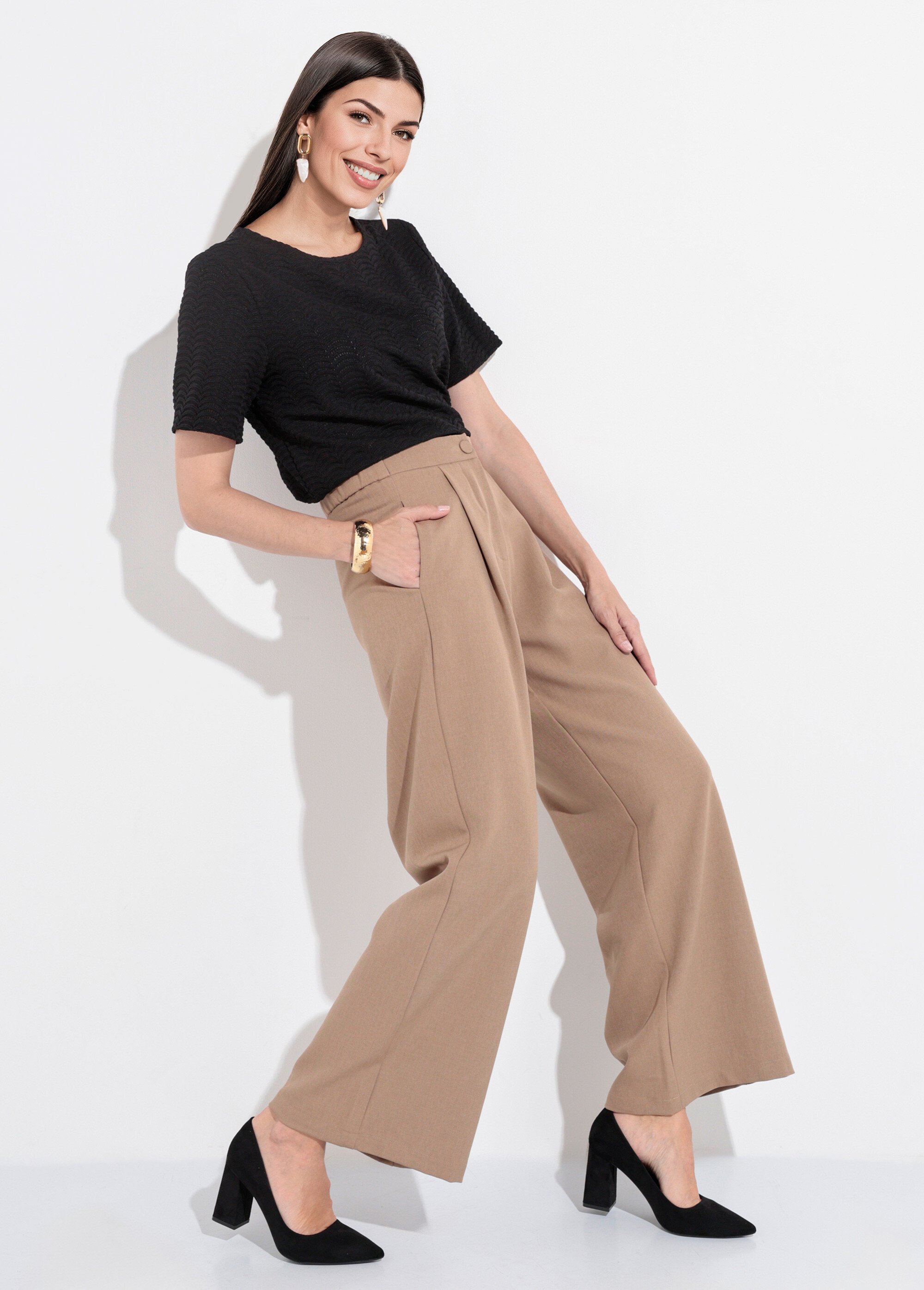Pantalon tailleur fluide élastiqué Femme Beige JB-A7147 MV1