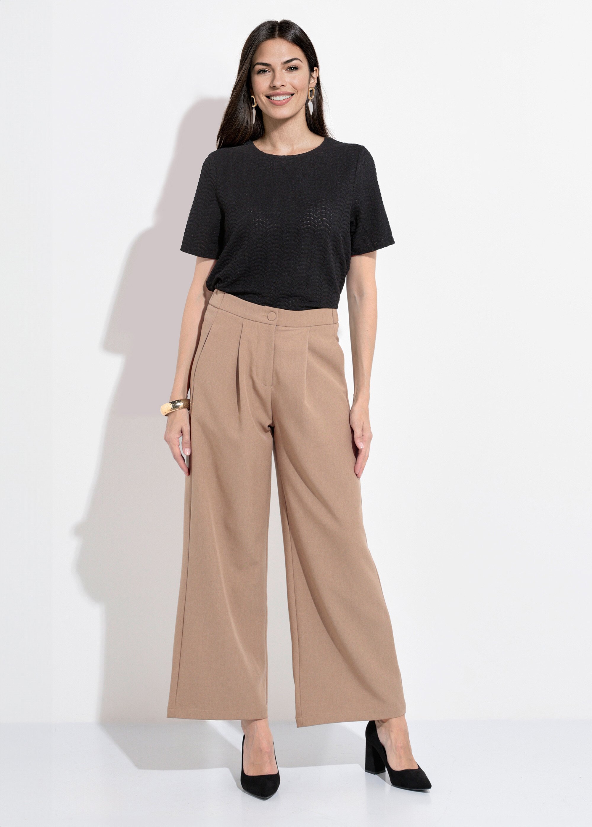 Pantalon tailleur fluide élastiqué Femme Beige JB-A7147 SF1