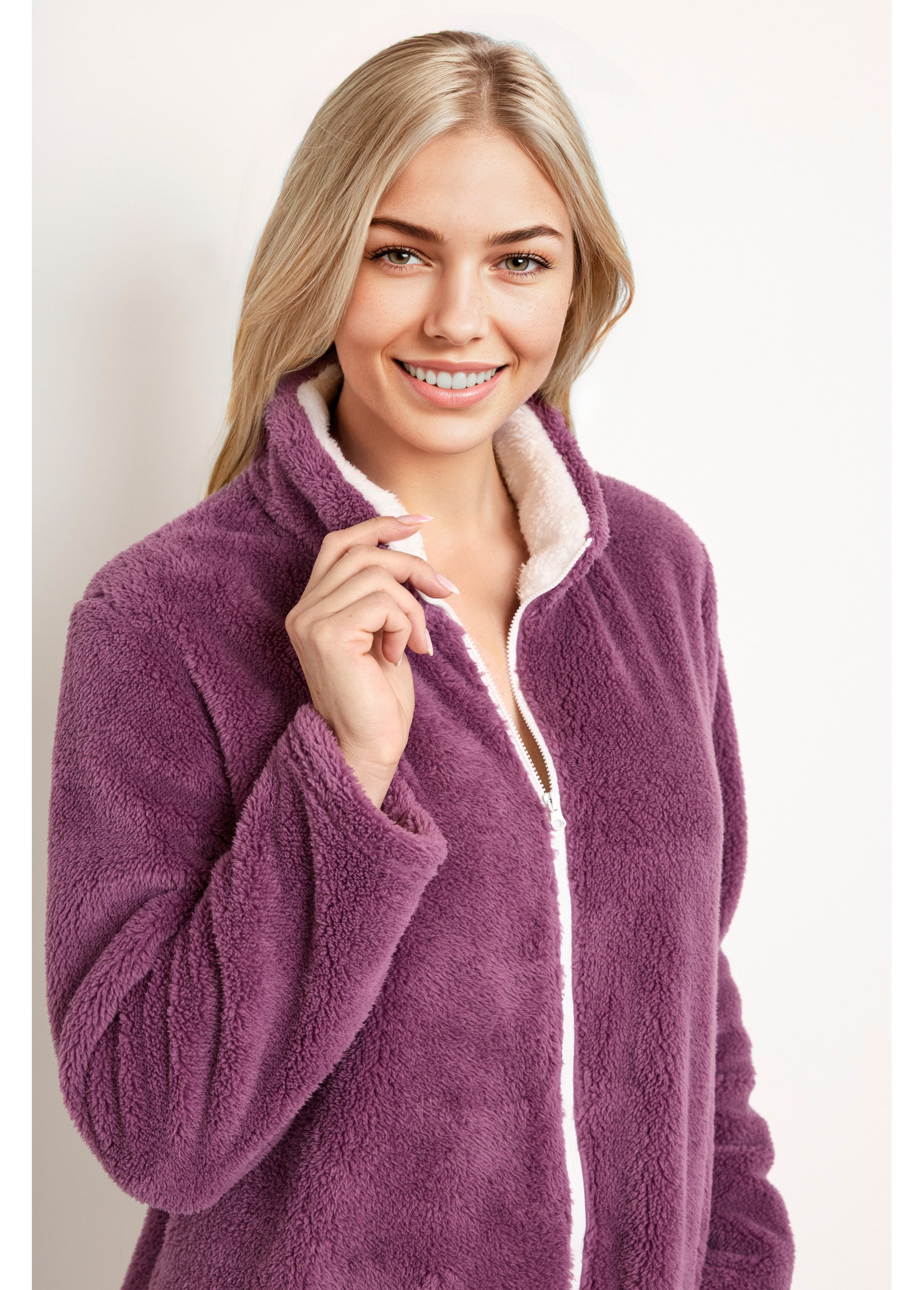 Peignoir court zippé col montant maille peluche Femme Violet SEPTUOR DE1