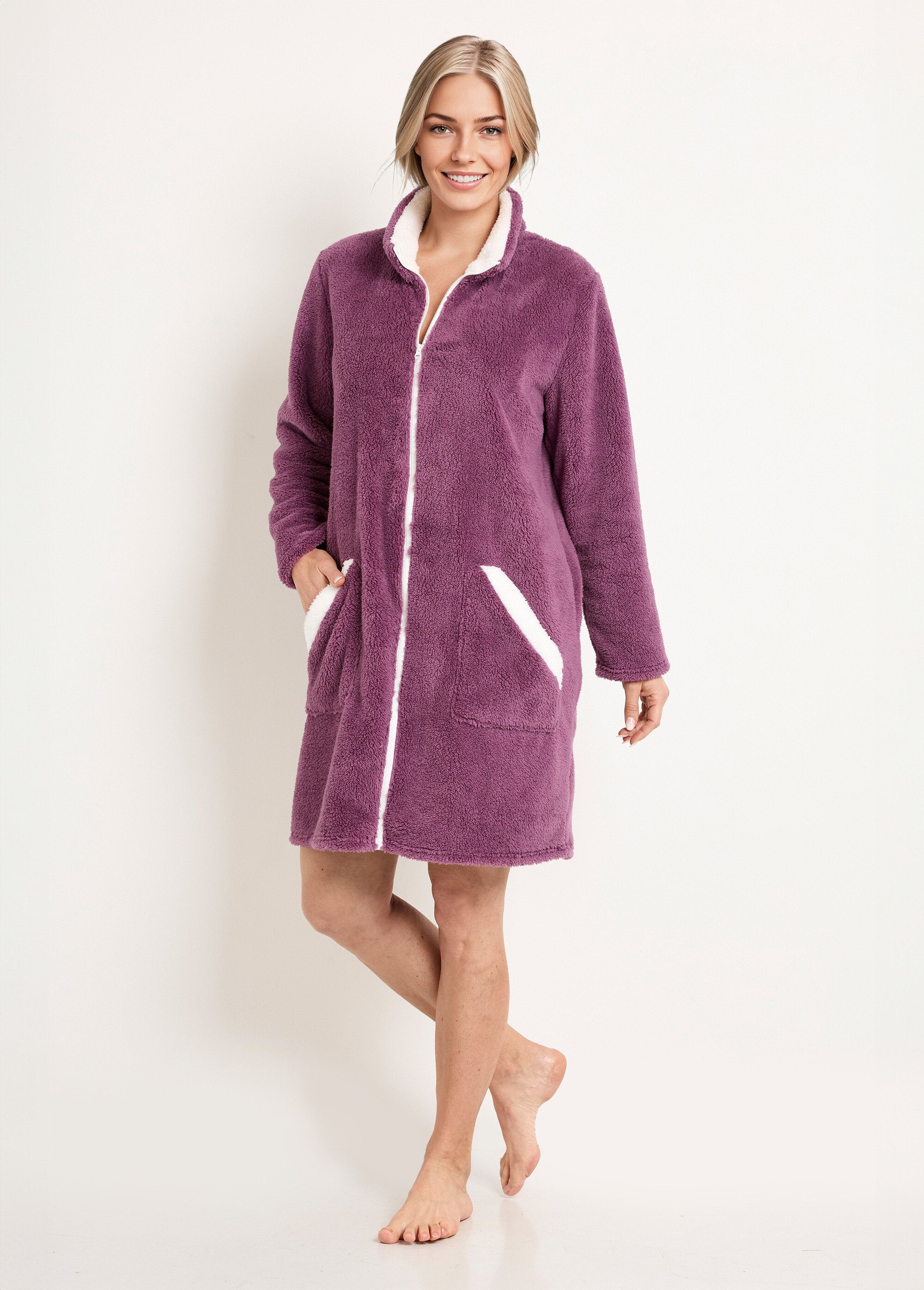 Peignoir court zippé col montant maille peluche Femme Violet SEPTUOR FA1