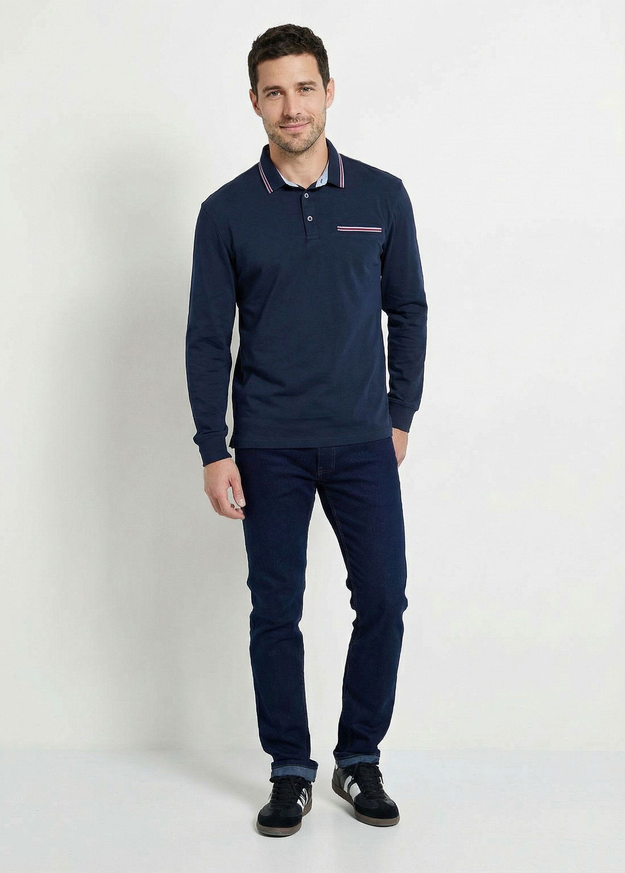 Polo boutonné manches longues maille jersey Bleu FOUGUE SF1