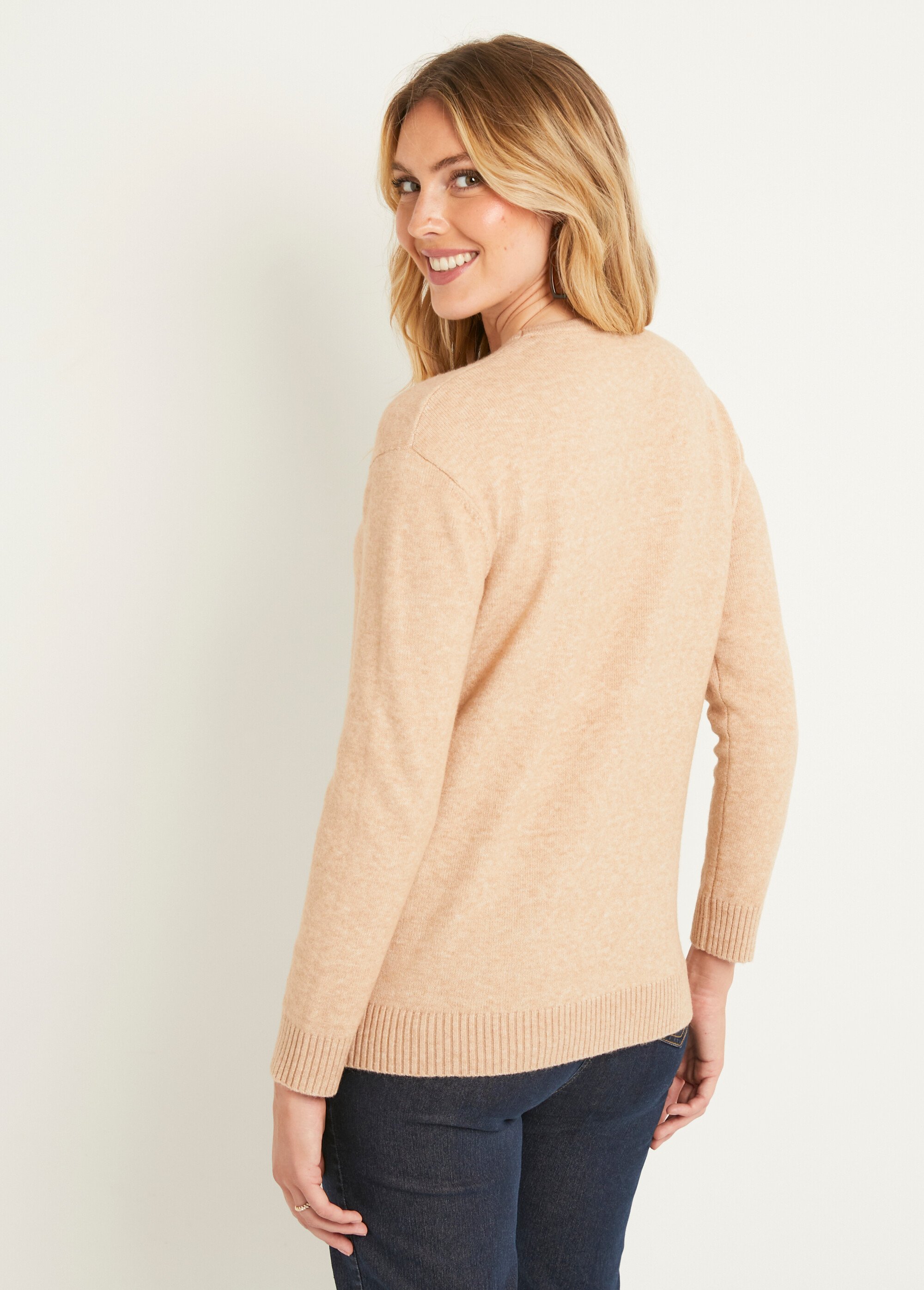 Pull chiné court col rond avec laine